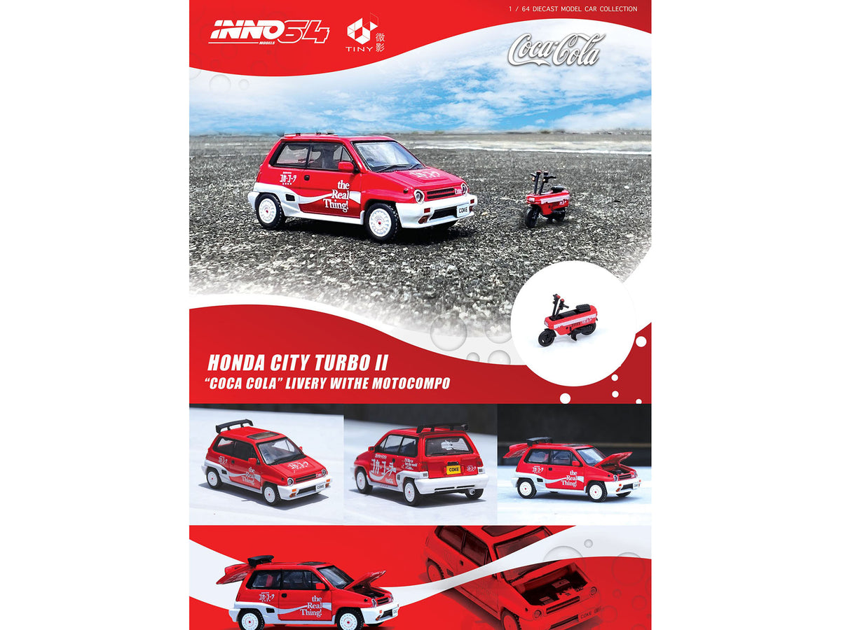 Honda City Turbo II RHD (Right Hand Drive) Red and White "Coca-Cola" with Honda Motocompo Scooter 1/64 Diecast Model Car