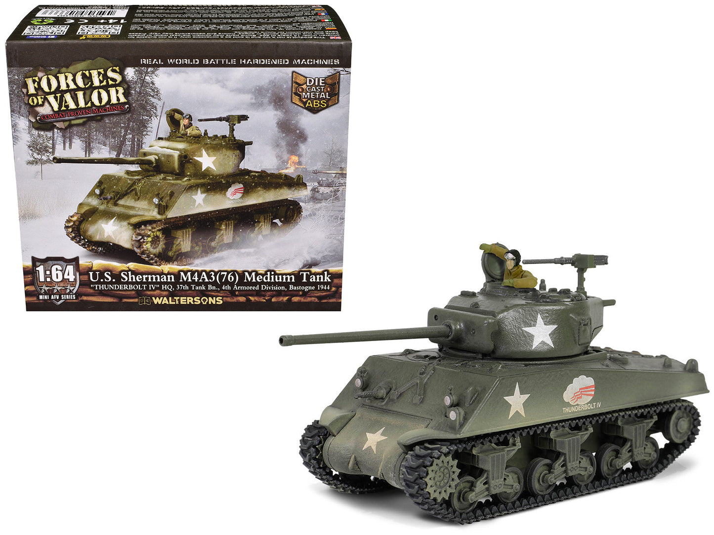 U.S. Sherman M4A3(76) Medium Tank "THUNDERBOLT IV 37th Tank Battalion 4th Armored Division Bastogne" (1944) United States Army "Mini AFV" Series 1/64 Diecast Model
