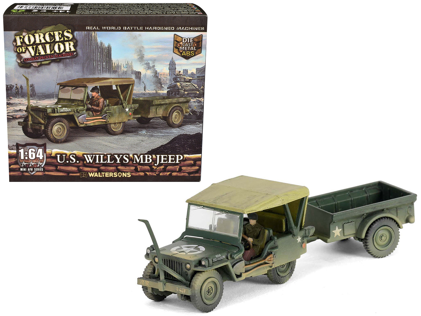 Willys MB Jeep with Trailer Olive Drab (Weathered) with Driver Figure "United States Army" "Mini AFV" Series 1/64 Diecast Model