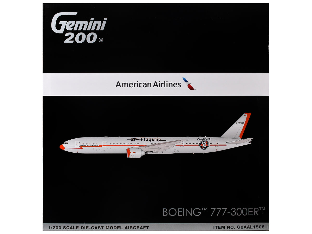 Boeing 777-300ER Commercial Aircraft "American Airlines - Flagship DFW" (N735AT) Silver with Otange Stripes "Gemini 200" Series 1/200 Diecast Model