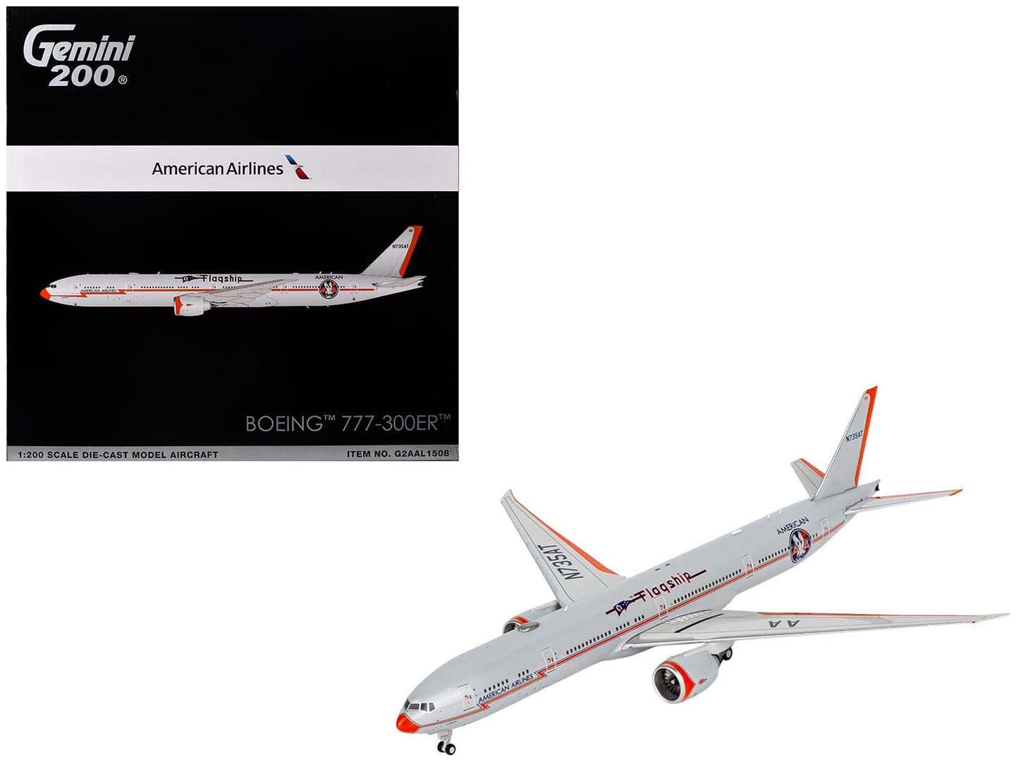 Boeing 777-300ER Commercial Aircraft "American Airlines - Flagship DFW" (N735AT) Silver with Otange Stripes "Gemini 200" Series 1/200 Diecast Model