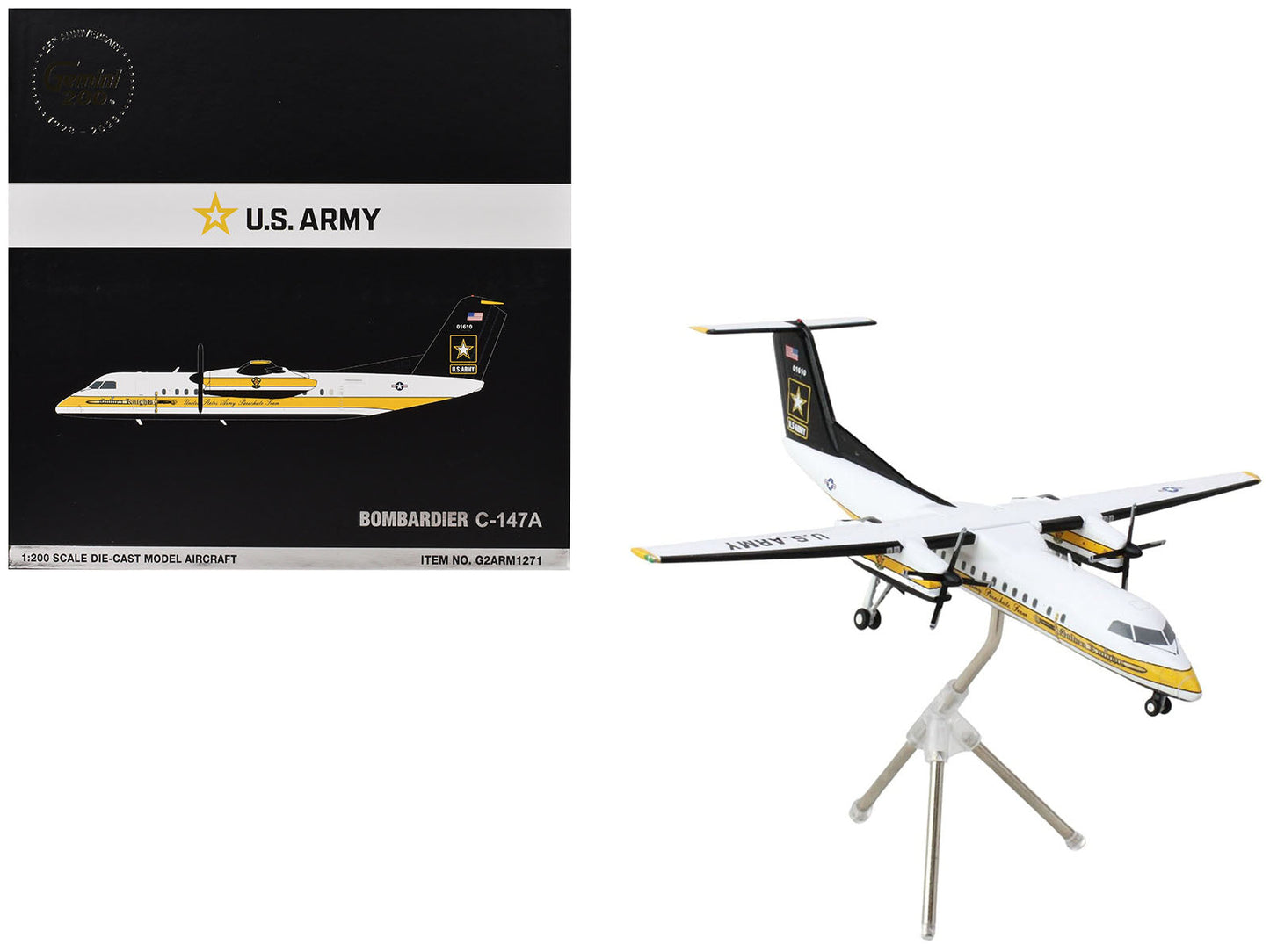 Bombardier C-147A Transport Aircraft "Golden Knights Parachute Team" United States Army (17-01610) White with Yellow Stripes and Black Tail "Gemini 200" Series 1/200 Diecast Model Airplane