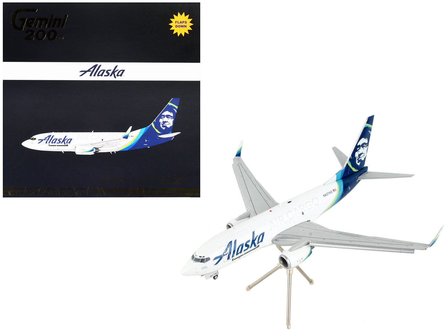 Boeing 737-700BDSF Commercial Aircraft with Flaps Down "Alaska Air Cargo" White with Blue Tail "Gemini 200" Series 1/200 Diecast Model Airplane