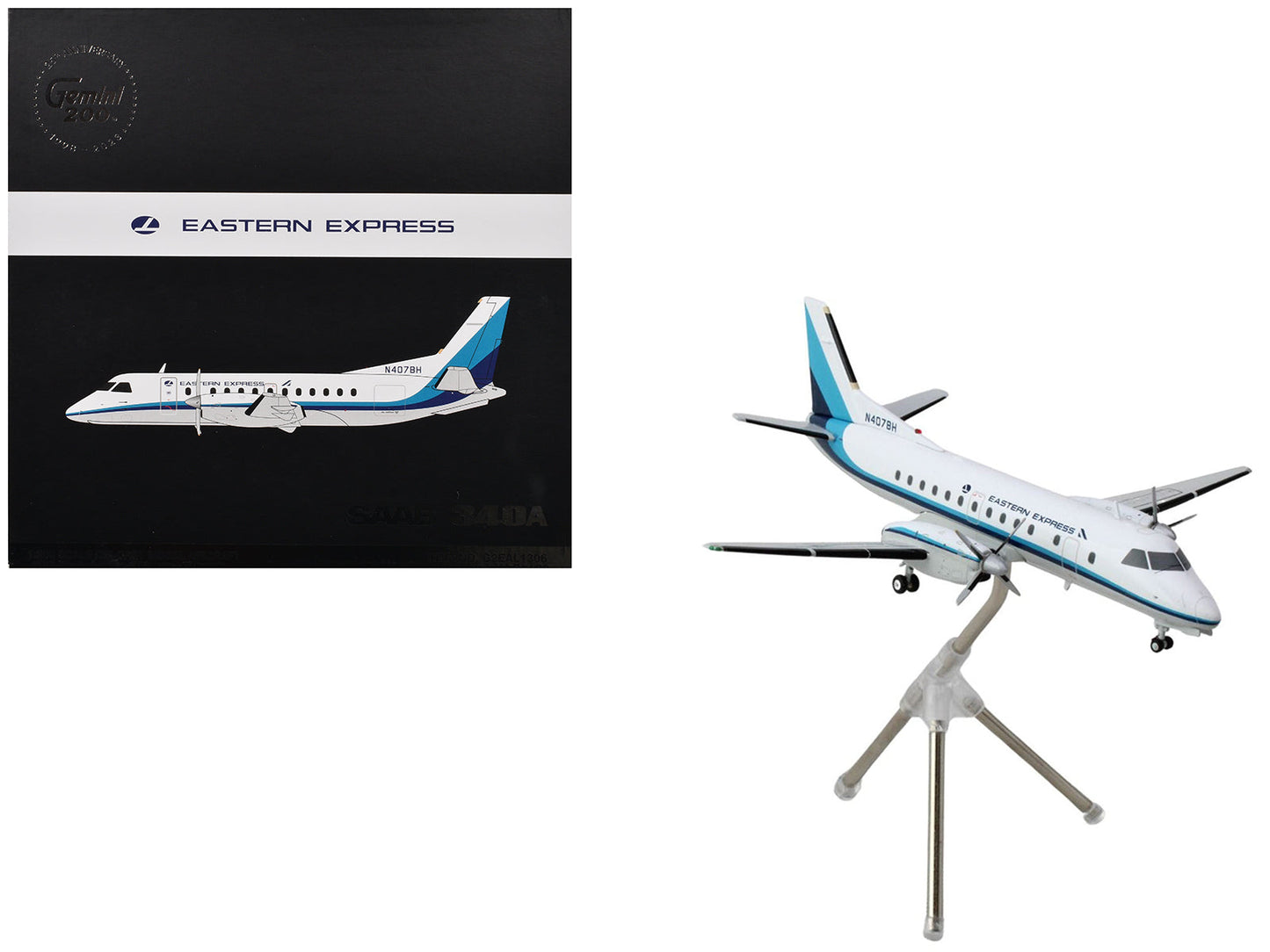 Saab 340A Commercial Aircraft "Eastern Express/Bar Harbor" (N407BH) White with Blue Stripes "Gemini 200" Series 1/200 Diecast Model Airplane
