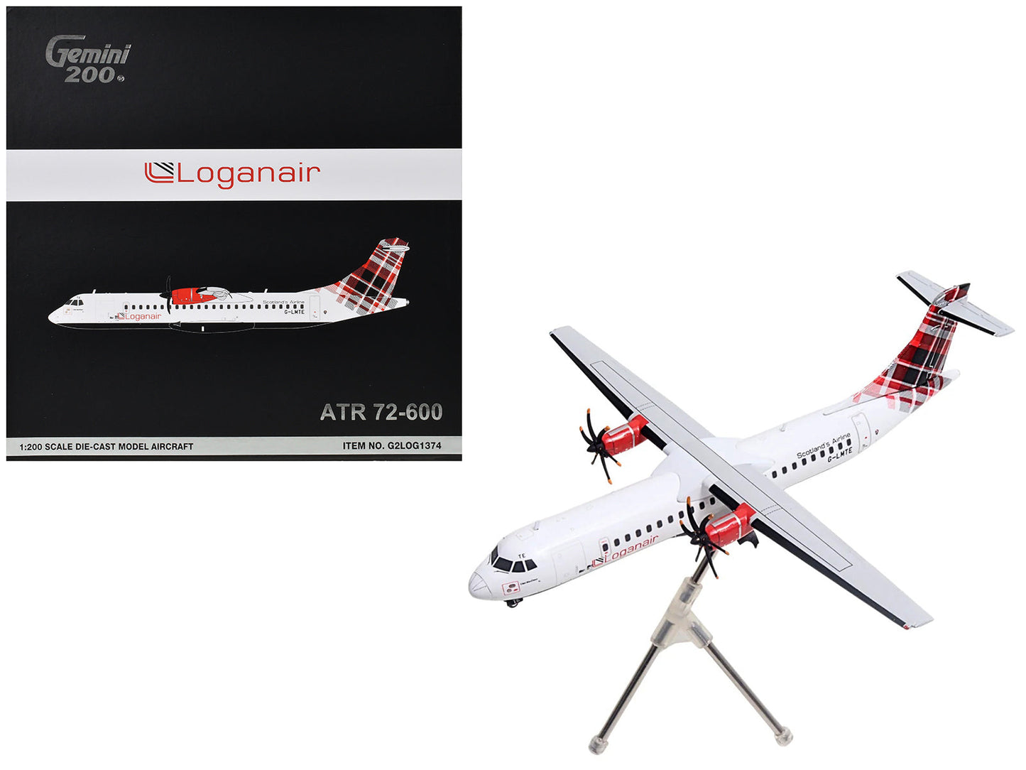 ATR 72-600 Commercial Aircraft "Loganair - Scotland's Airline" (G-LMTE) White with Red Plaid Tail "Gemini 200" Series 1/200 Diecast Model Airplane
