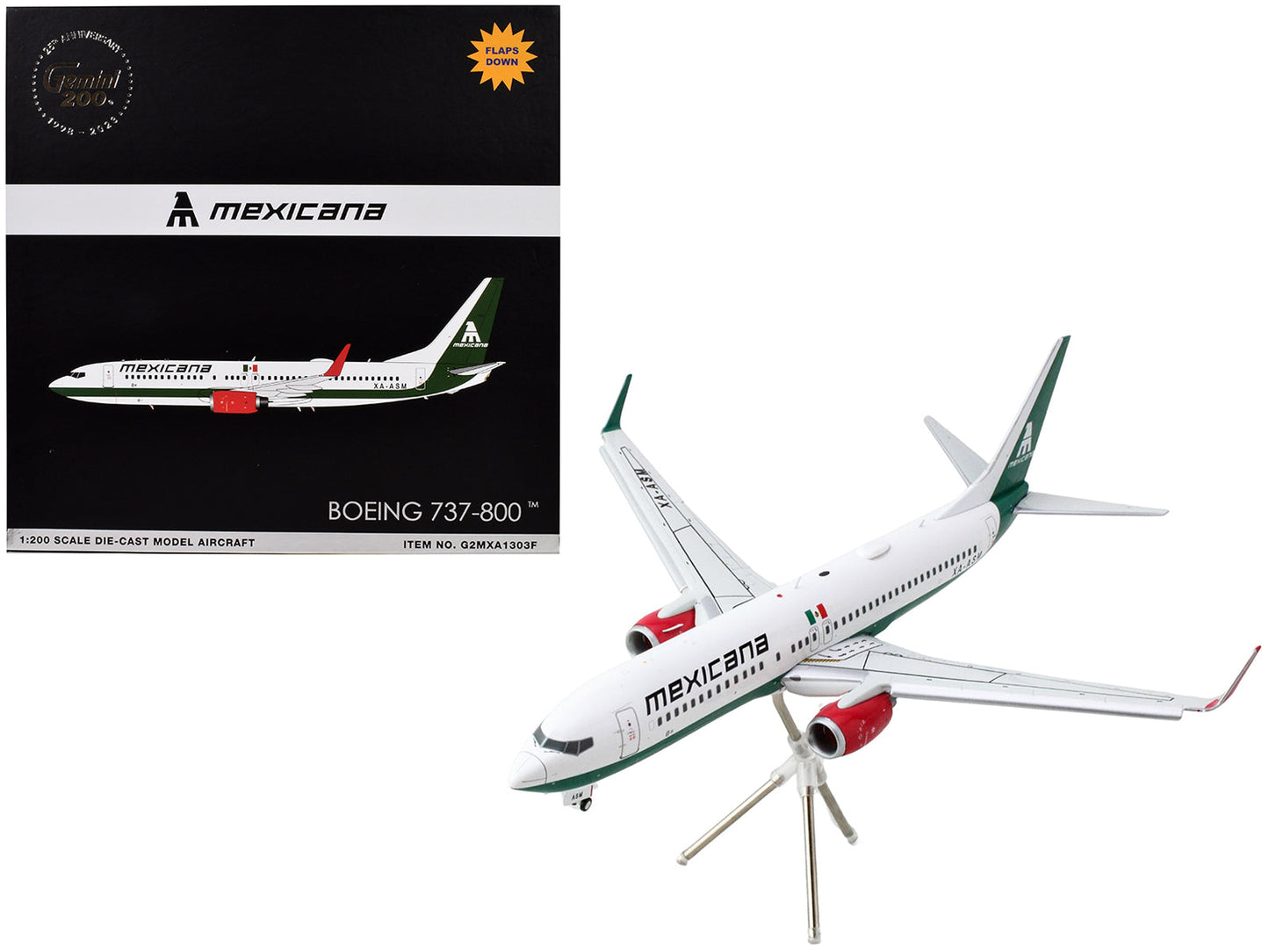 Boeing 737-800 Commercial Aircraft with Flaps Down "Mexicana" (XA-ASM) White with Green Stripes "Gemini 200" Series 1/200 Diecast Model Airplane