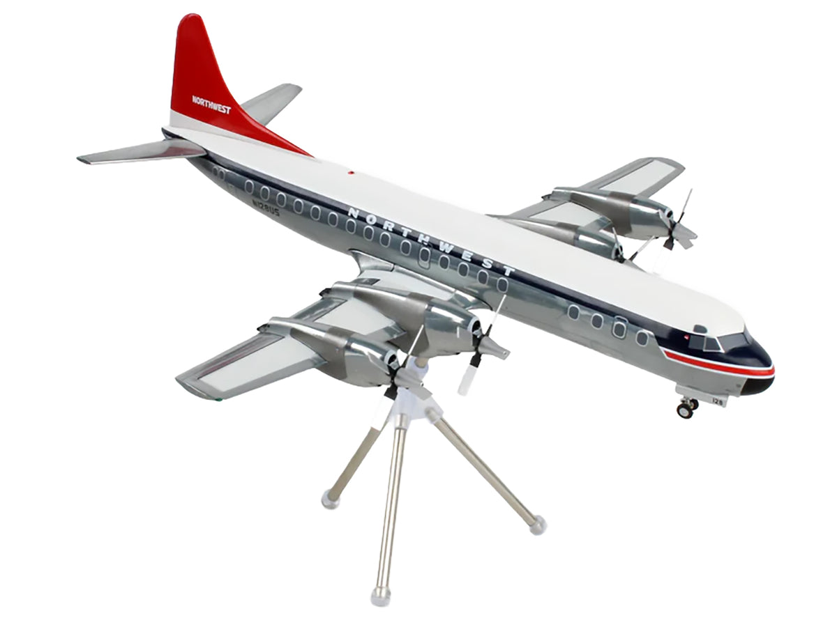 Lockheed L-188 Electra Commercial Aircraft "Northwest Orient" (N128US) White and Gray with Blue Stripes and Red Tail "Gemini 200" Series 1/200 Diecast Model Airplane