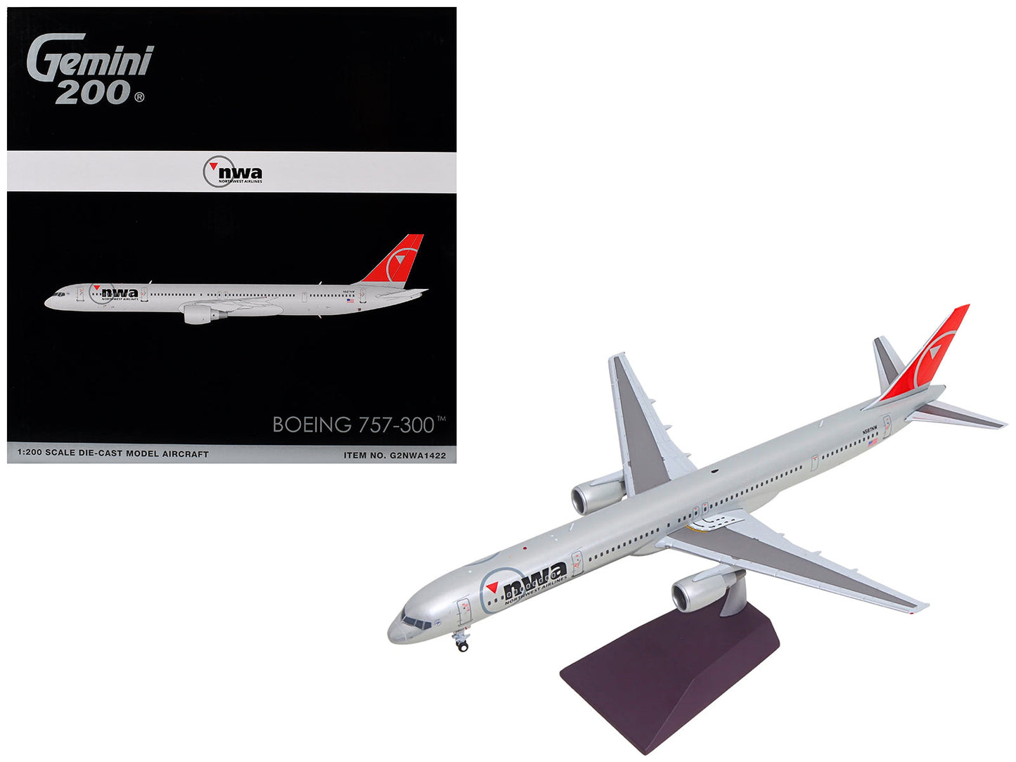 Boeing 757-300 Commercial Aircraft "Northwest Airlines" (N587NW) Silver with Red Tail "Gemini 200" Series 1/200 Diecast Model