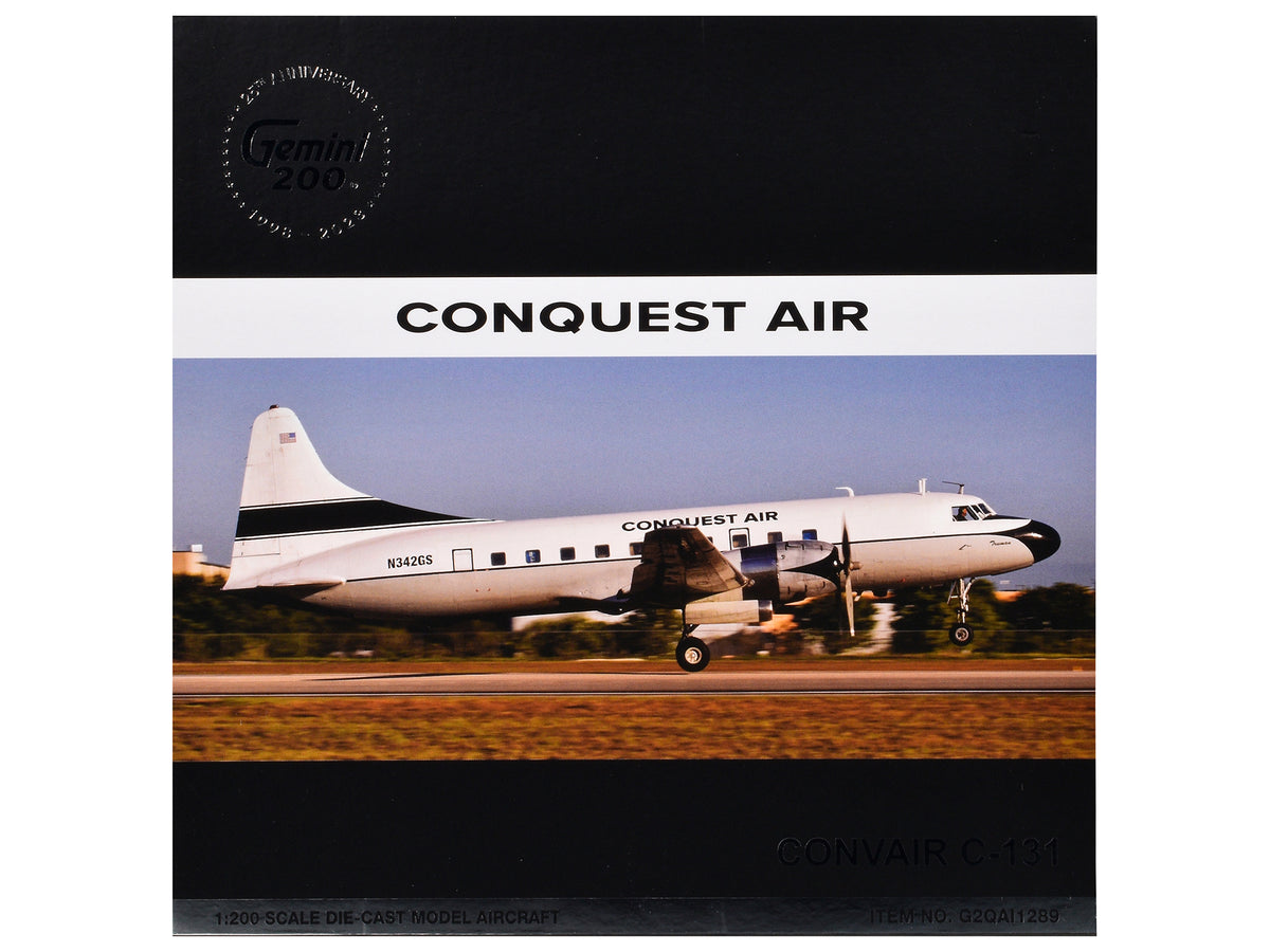 Convair C-131 Commercial Aircraft "Conquest Air Cargo" (N342GS) White with Black Tail Stripes "Gemini 200" Series 1/200 Diecast Model Airplane