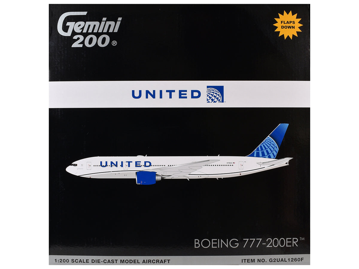 Boeing 777-200ER Commercial Aircraft with Flaps Down "United Airlines" (N798UA) White with Blue Tail "Gemini 200" Series 1/200 Diecast Model