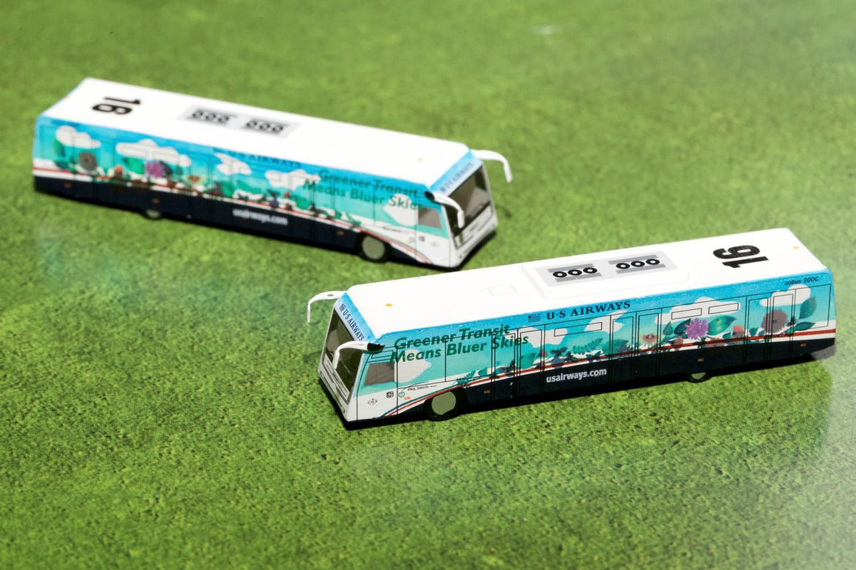 Cobus 3000 Passenger Bus White and Blue with Graphics "US Airways Shuttle Bus - Greener Transit" 2 Piece Set "Gemini 200" Series Diecast Models