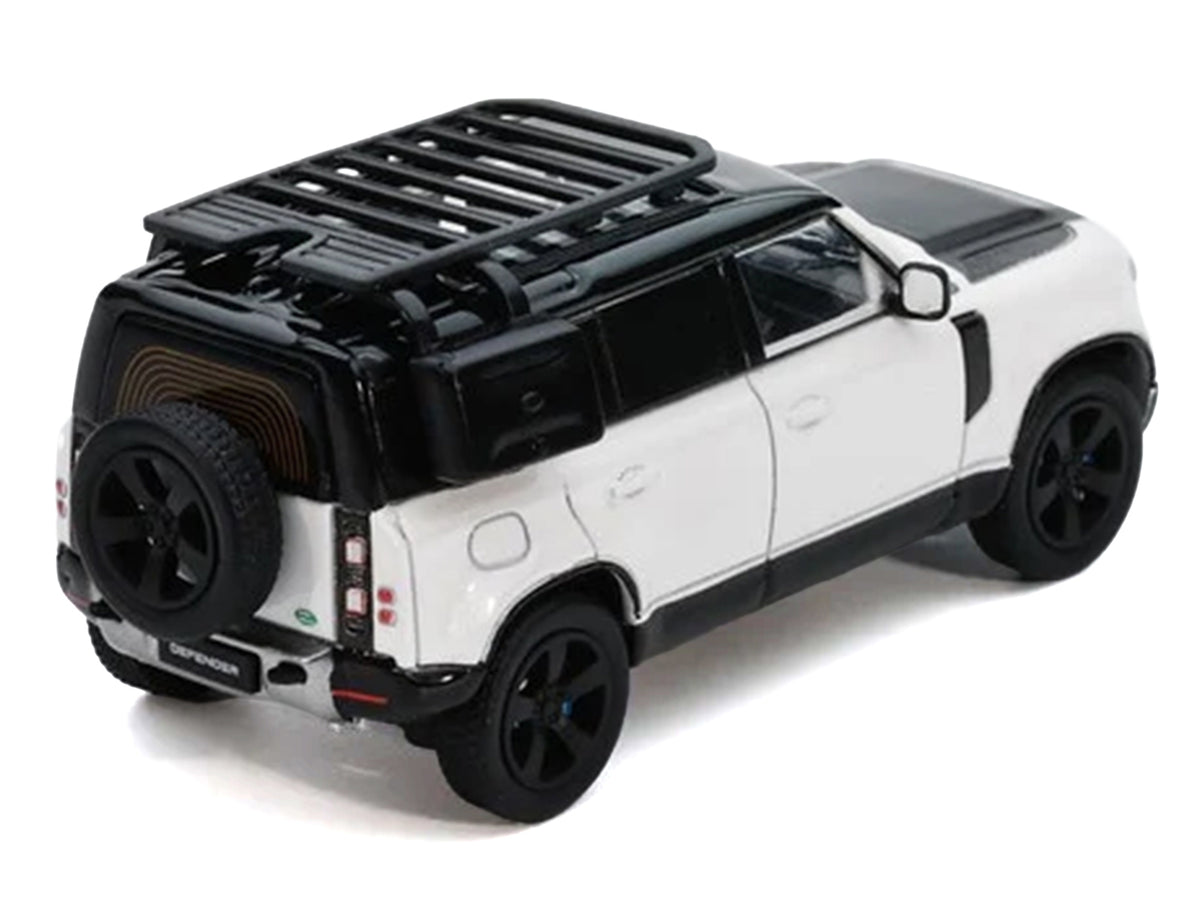 Land Rover Defender 110 White Metallic with Black Top and Roof Rack 1/64 Diecast Model Car