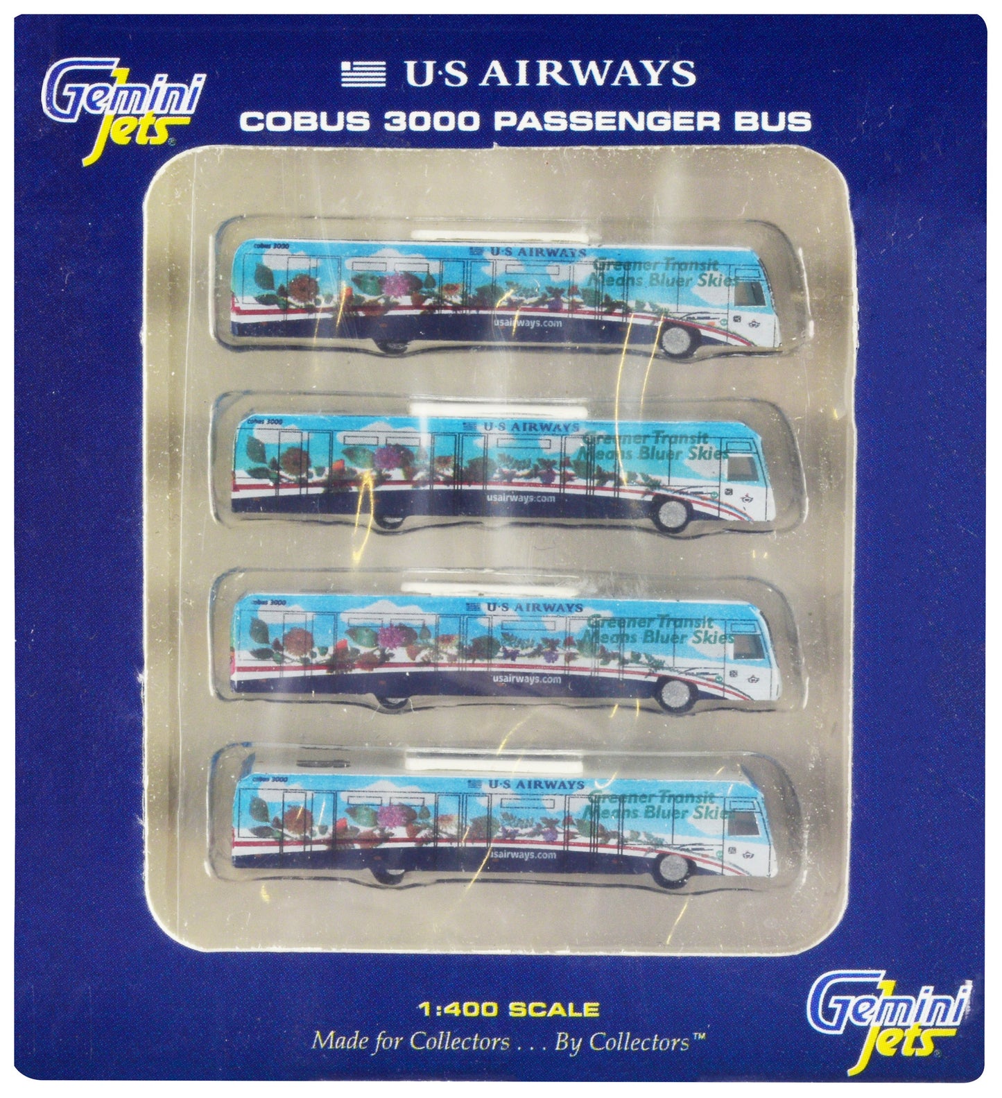 Cobus 3000 Passenger Bus White and Blue with Graphics "US Airways Shuttle Bus - Greener Transit" 4 Piece Set 1/400 Diecast Models