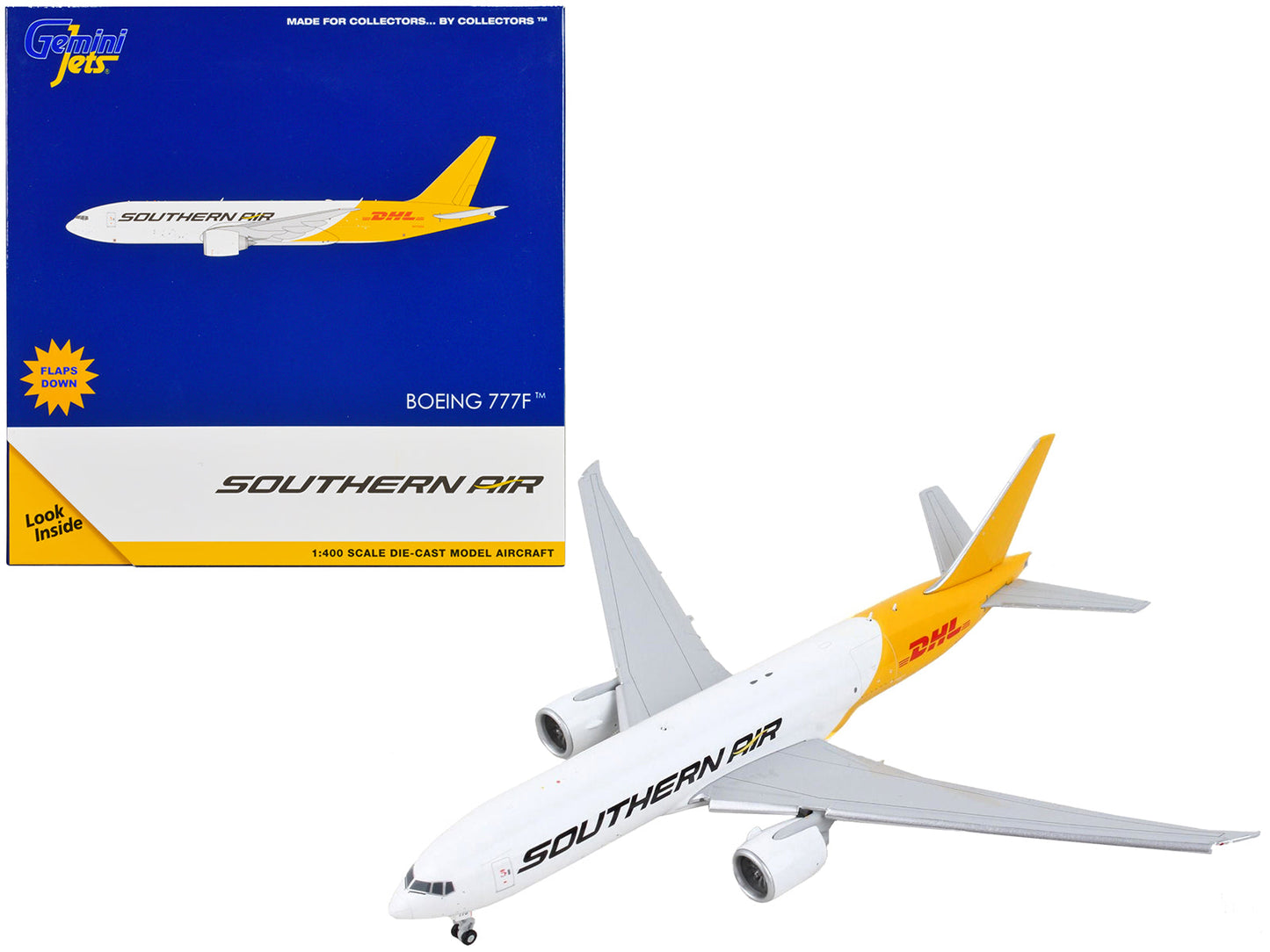 Boeing 777F Commercial Aircraft with Flaps Down "Southern Air - DHL" White and Yellow 1/400 Diecast Model Airplane