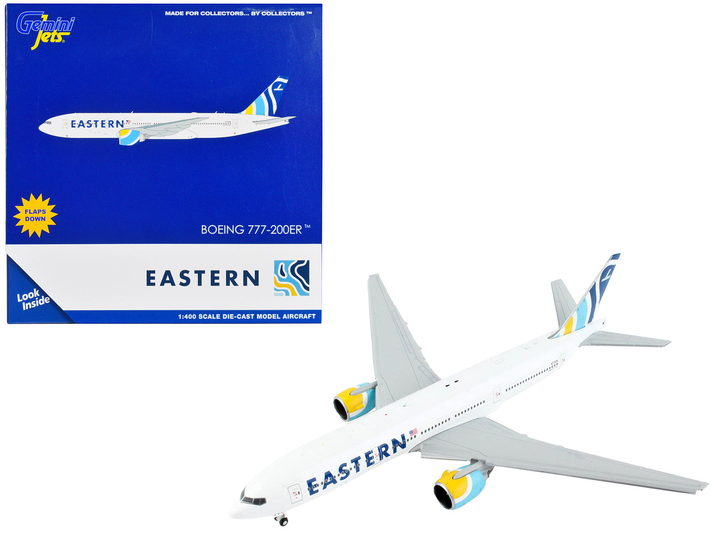 Boeing 777-200ER Commercial Aircraft with Flaps Down "Eastern Air Lines" White with Striped Tail 1/400 Diecast Model Airplane
