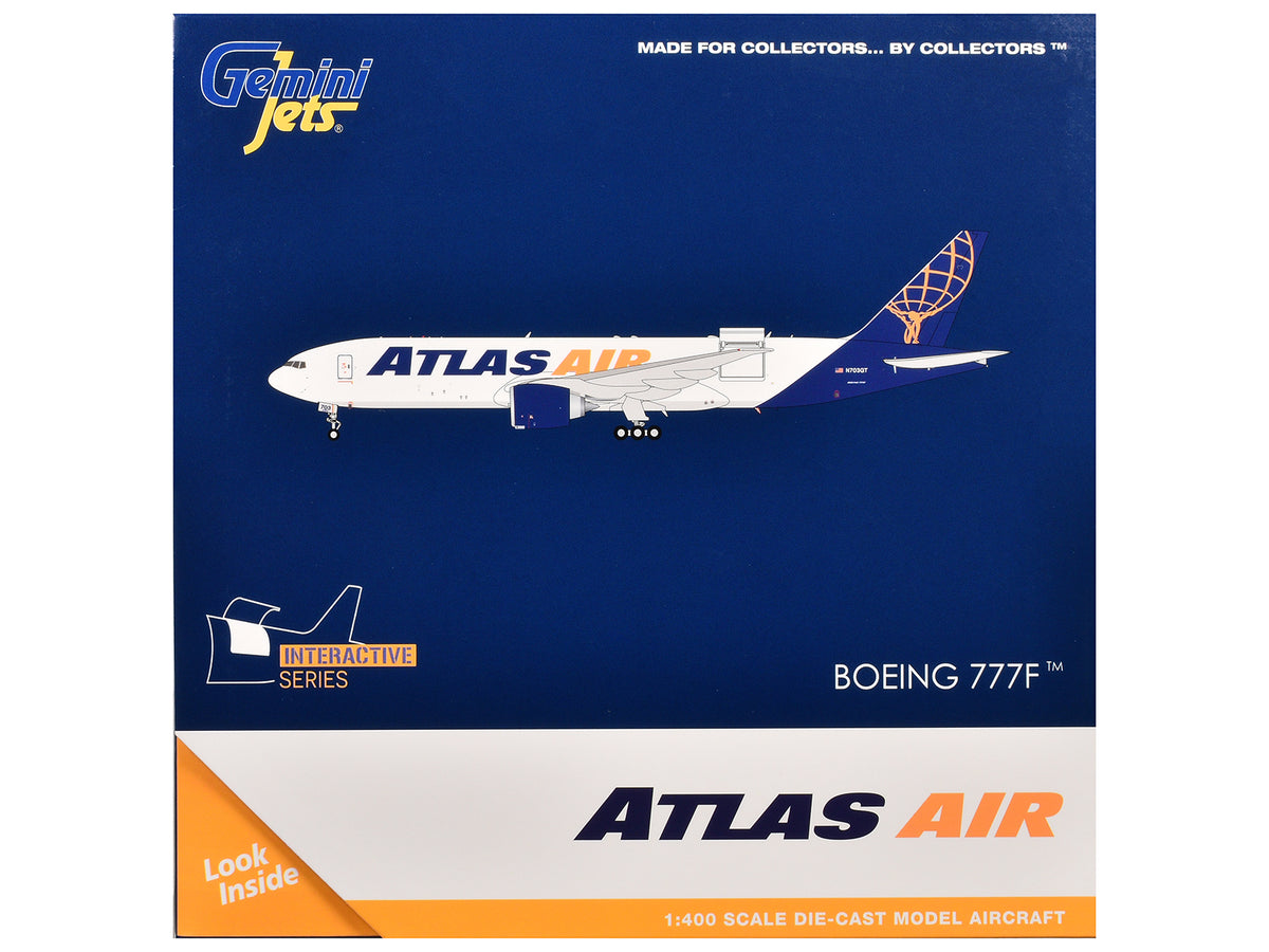 Boeing 777-200LRF Commercial Aircraft "Atlas Air" (N703GT) White with Blue Tail "Interactive Series" 1/400 Diecast Model Airplane