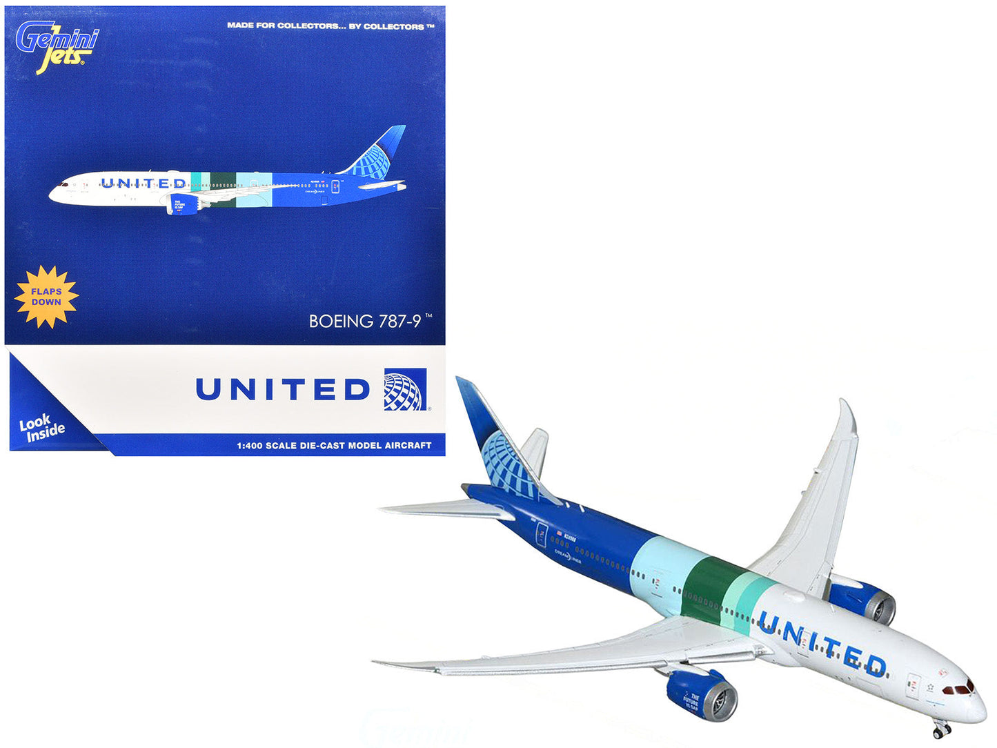 Boeing 787-9 Commercial Aircraft with Flaps Down "United Airlines - The Future is SAF" (N24988) White and Blue with Stripes 1/400 Diecast Model Airplane