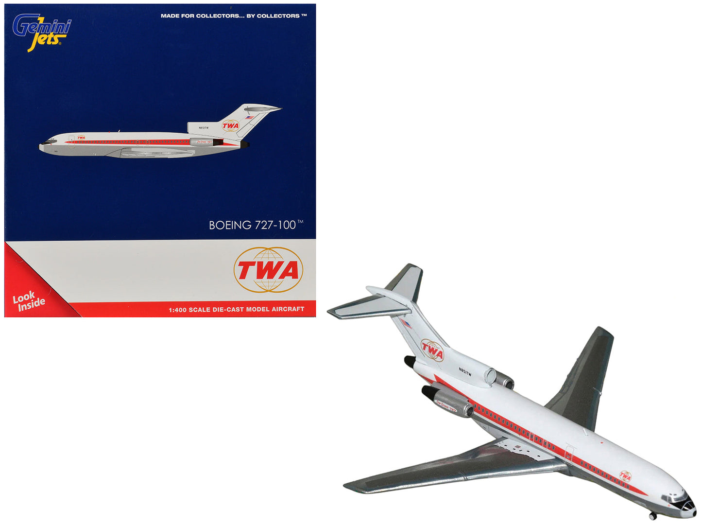 Boeing 727-100 Commercial Aircraft "Trans World Airlines" (N851TW) White with Red Stripes 1/400 Diecast Model