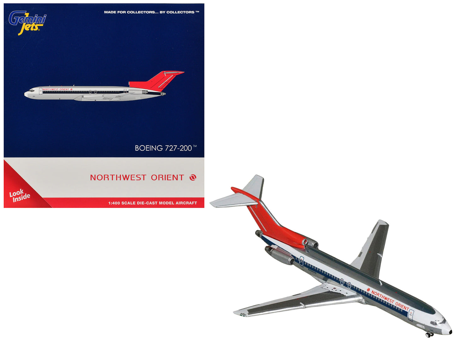 Boeing 727-200 Commercial Aircraft "Northwest Orient" (N298US) Silver with White Stripes and Red Tail 1/400 Diecast Model