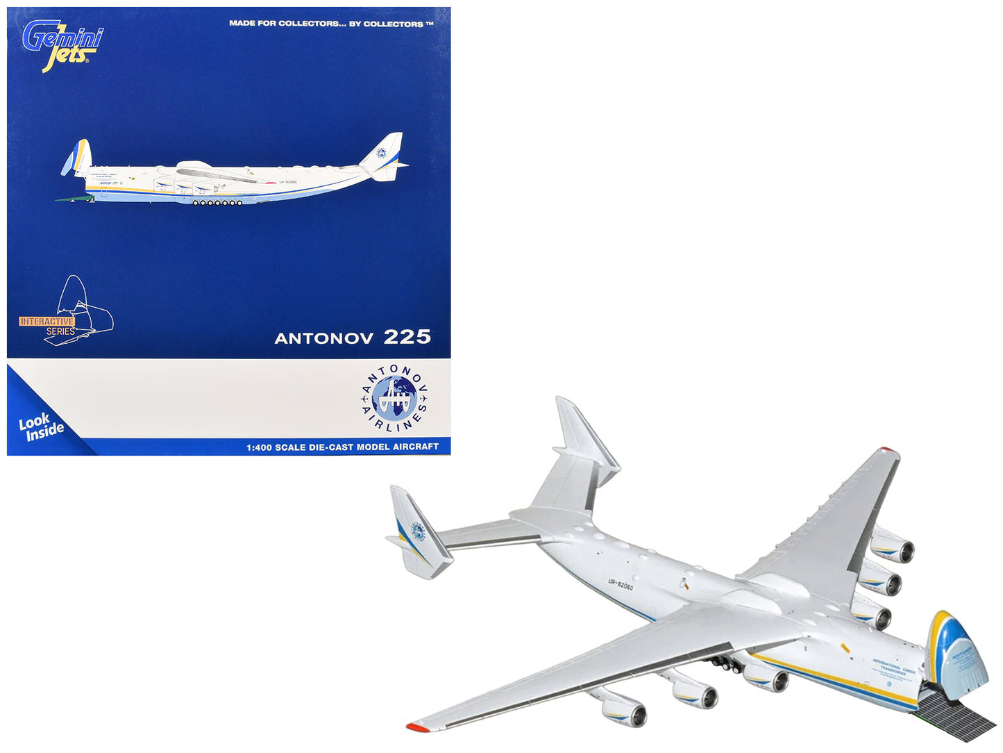 Antonov An-225 Mriya Commercial Aircraft "Antonov Airlines" (UR-82060) White with Blue and Yellow Stripes "Interactive Series" 1/400 Diecast Model