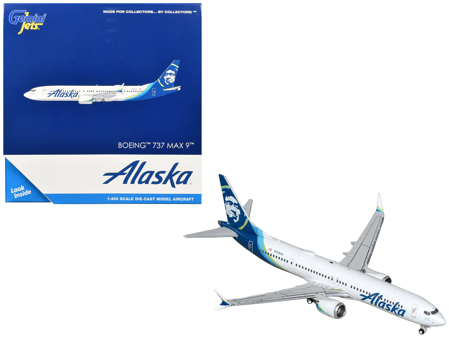 Boeing 737 MAX 9 Commercial Aircraft "Alaska Airlines" (N708AL) White with Blue Tail Graphics 1/400 Diecast Model