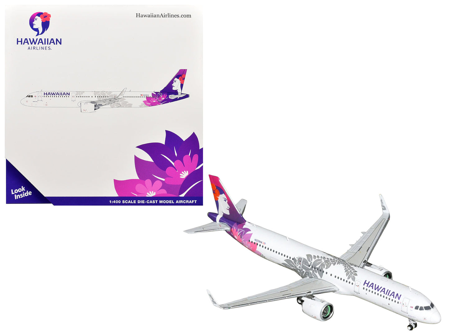Airbus A321neo Commercial Aircraft "Hawaiian Airlines" (N209HA) White with Purple Tail Graphics 1/400 Diecast Model Airplane