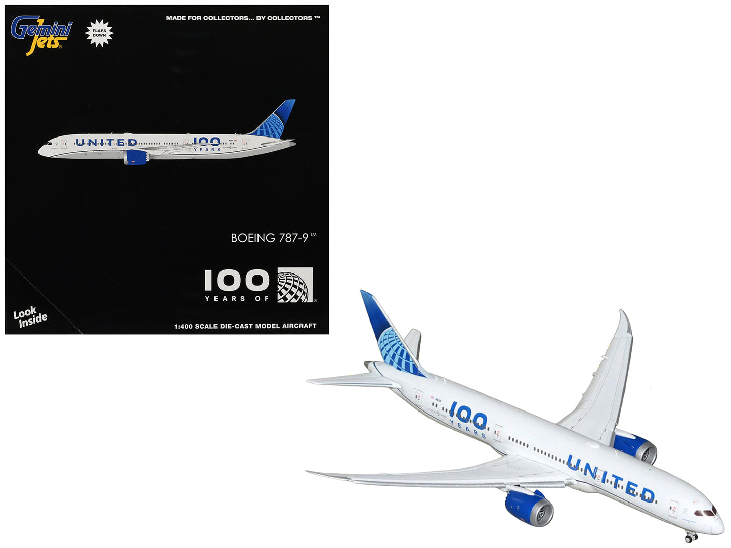 Boeing 787-9 Commercial Aircraft with Flaps Down "United Airlines 100 Years" (N61101) White with Graphics and Blue Tail 1/400 Diecast Model