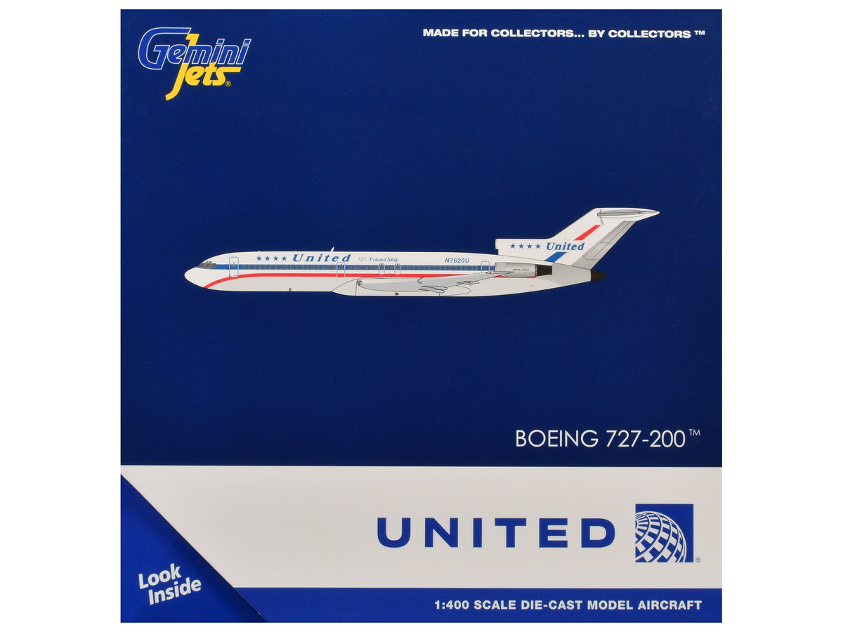 Boeing 727-200 Commercial Aircraft "United Airlines - Stars & Bars/Friend Ship" (N7620U) White with Red and Blue Stripes 1/400 Diecast Model Airplane