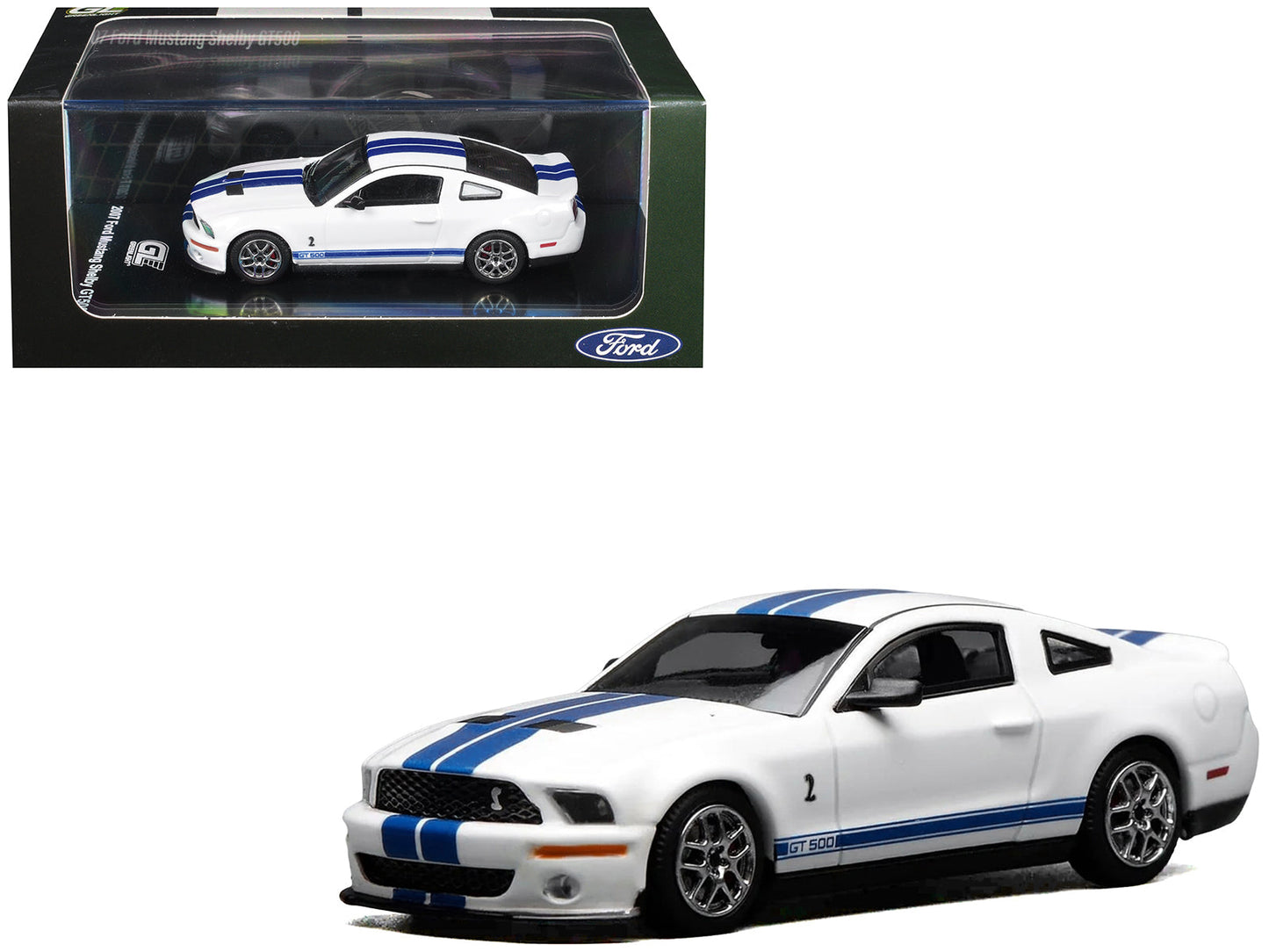 2007 Ford Mustang Shelby GT500 Performance White with Blue Stripes 1/64 Diecast Model Car