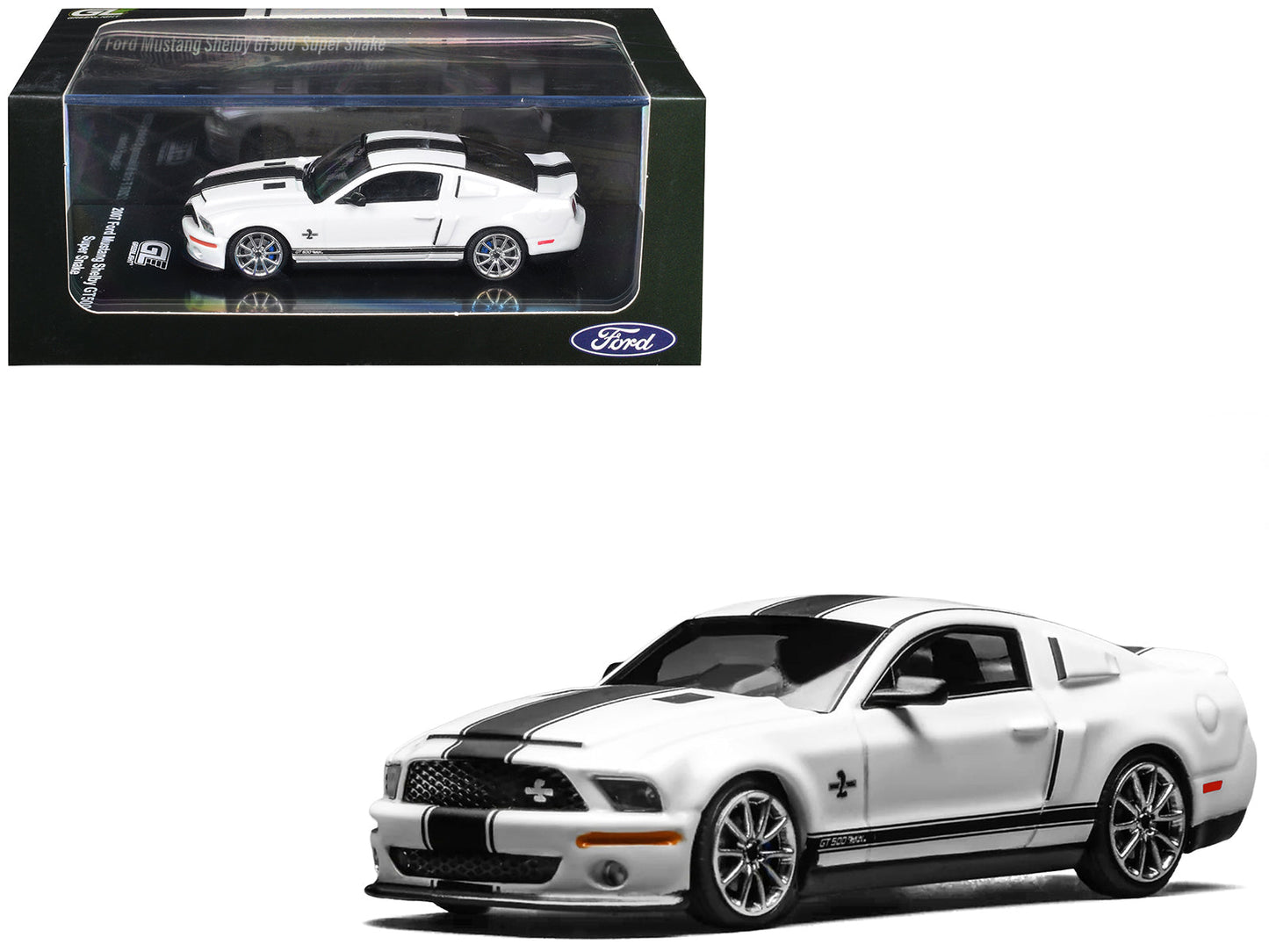 2007 Ford Mustang Shelby GT500 Super Snake Performance White with Matt Black Stripes 1/64 Diecast Model Car