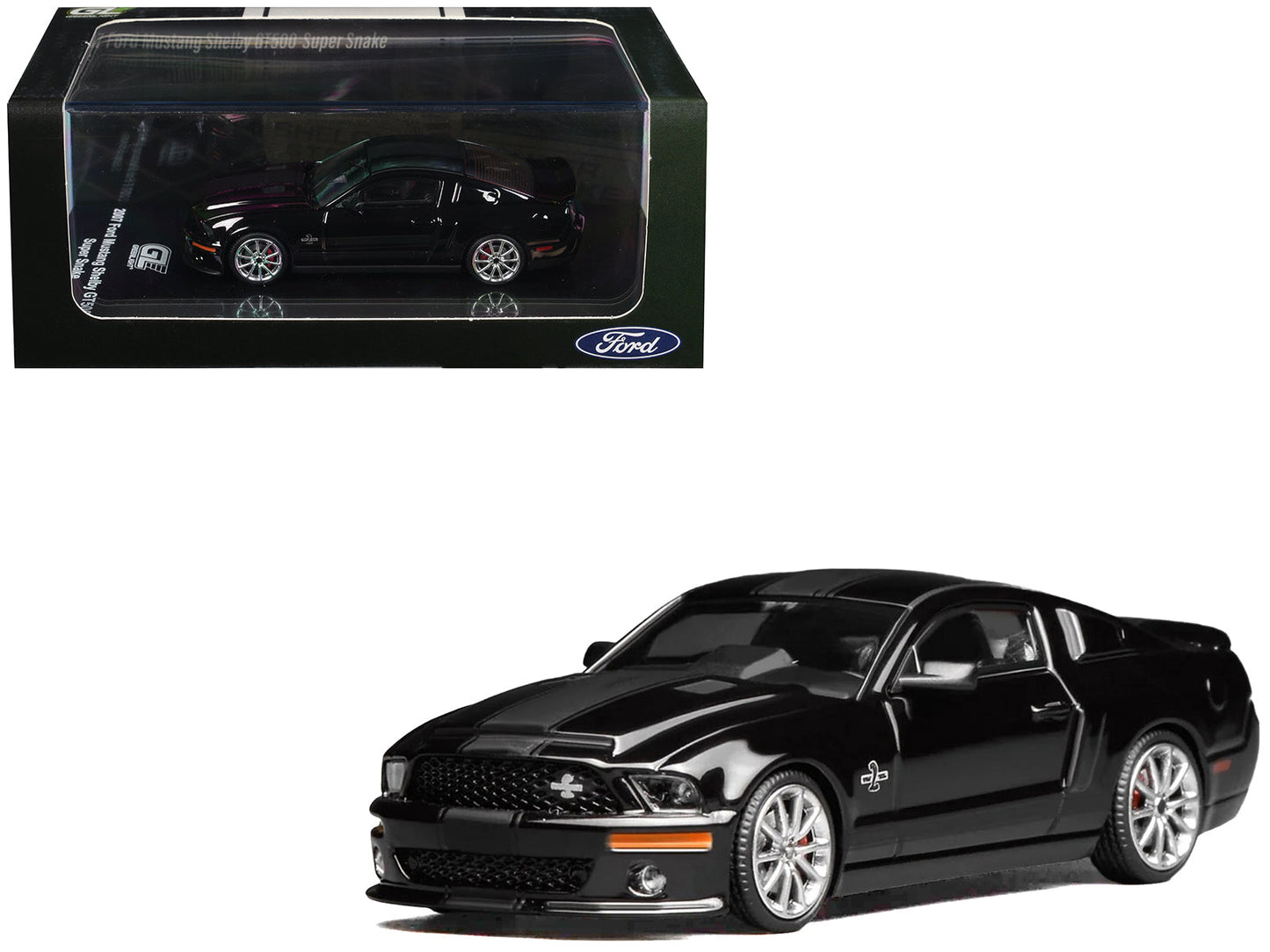 2007 Ford Mustang Shelby GT500 Super Snake Ebony Black with Matt Black Stripes 1/64 Diecast Model Car