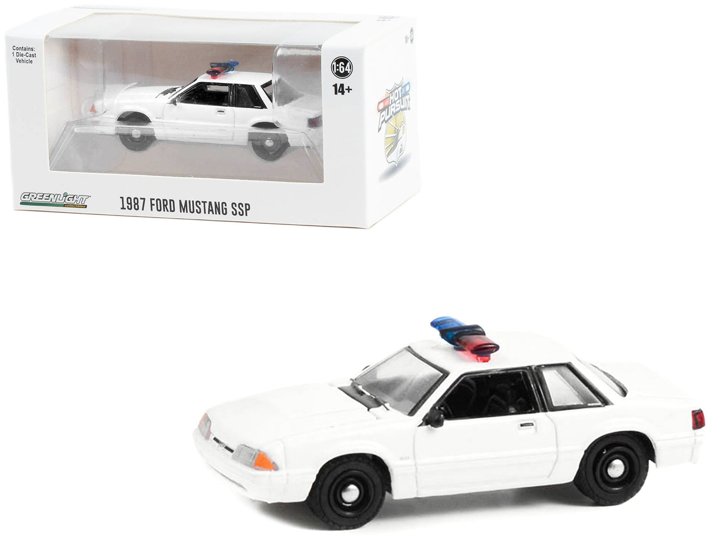 1987-1993 Ford Mustang SSP White Police Car with Light Bar "Hot Pursuit" "Hobby Exclusive" Series 1/64 Diecast Model Car