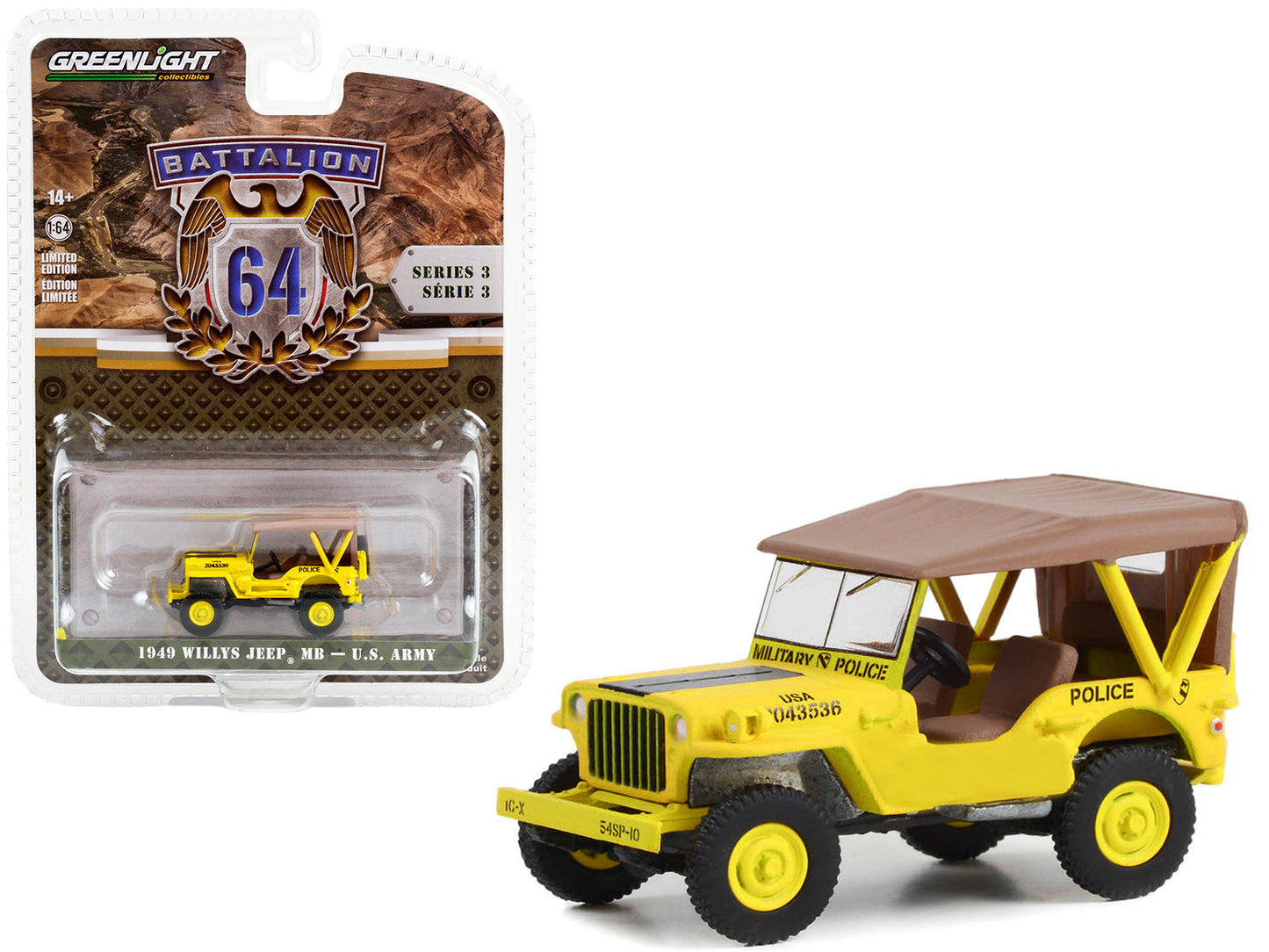 1949 Willys Jeep MB U.S. Army "545th Military Police Company Camp Drake Japan Training Camp" Yellow "Battalion 64" Series 3 1/64 Diecast Model Car
