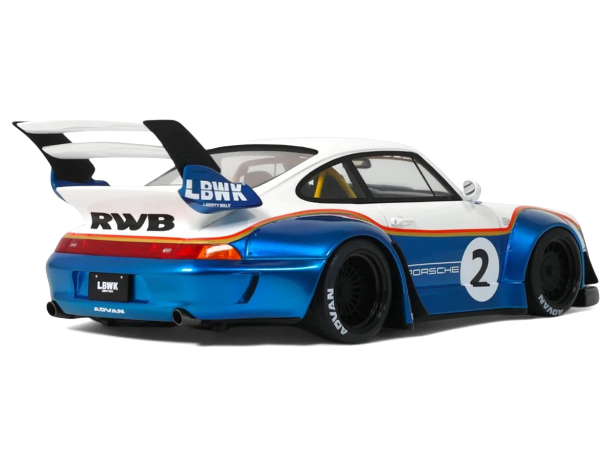 2023 RWB x Liberty Walk 993 #2 White and Blue Metallic with Graphics 1/18 Model Car