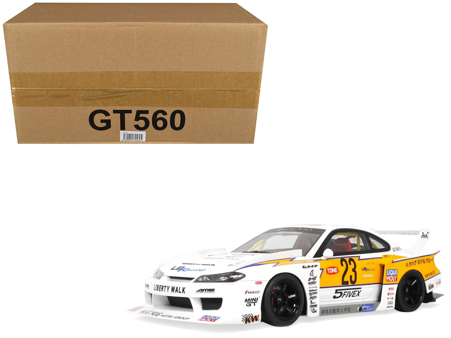 2021 Nissan Silvia (S15) LB-Super Silhouette RHD (Right Hand Drive) #23 White with Yellow Stripes 1/18 Model Car