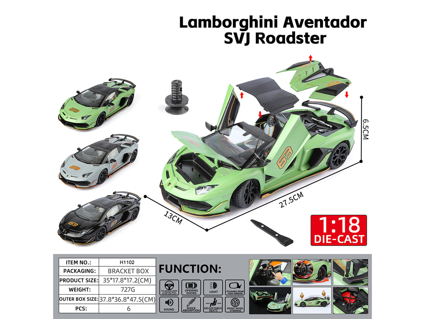 Lamborghini Aventador SVJ Roadster Matt Gray with Carbon Top and Orange Accents 1/18 Diecast Model Car
