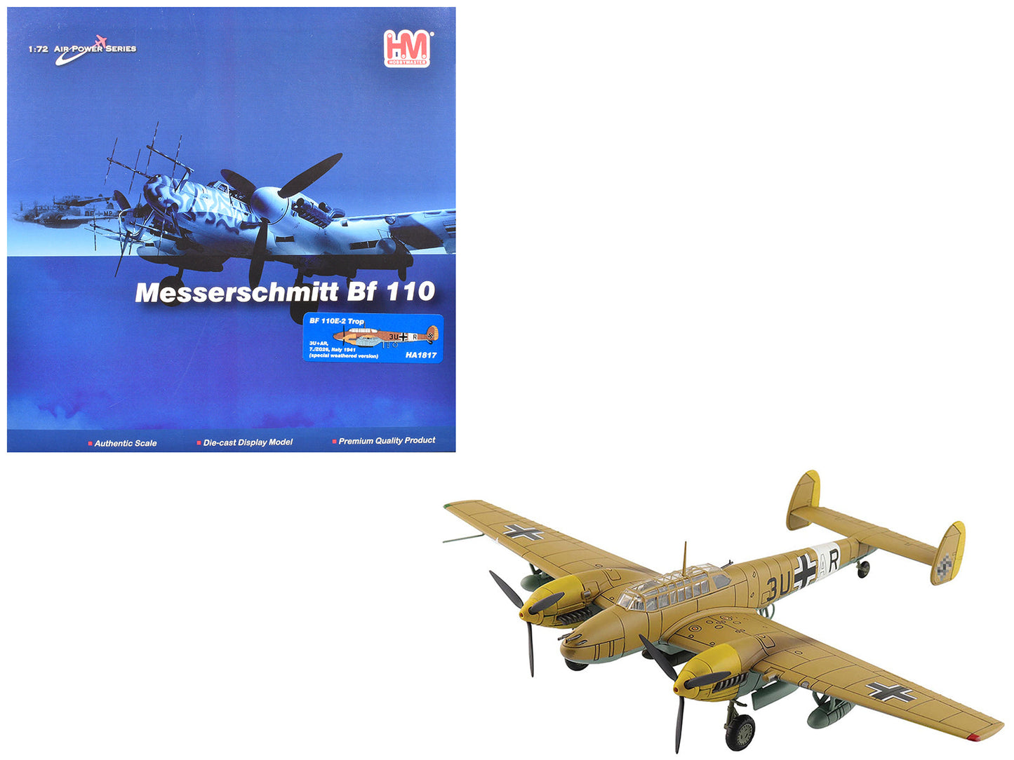 Messerschmitt BF 110E-2 Trop Fighter Aircraft "3U+AR 7./ZG26 Italy" (1941) German Luftwaffe "Air Power Series" 1/72 Diecast Model