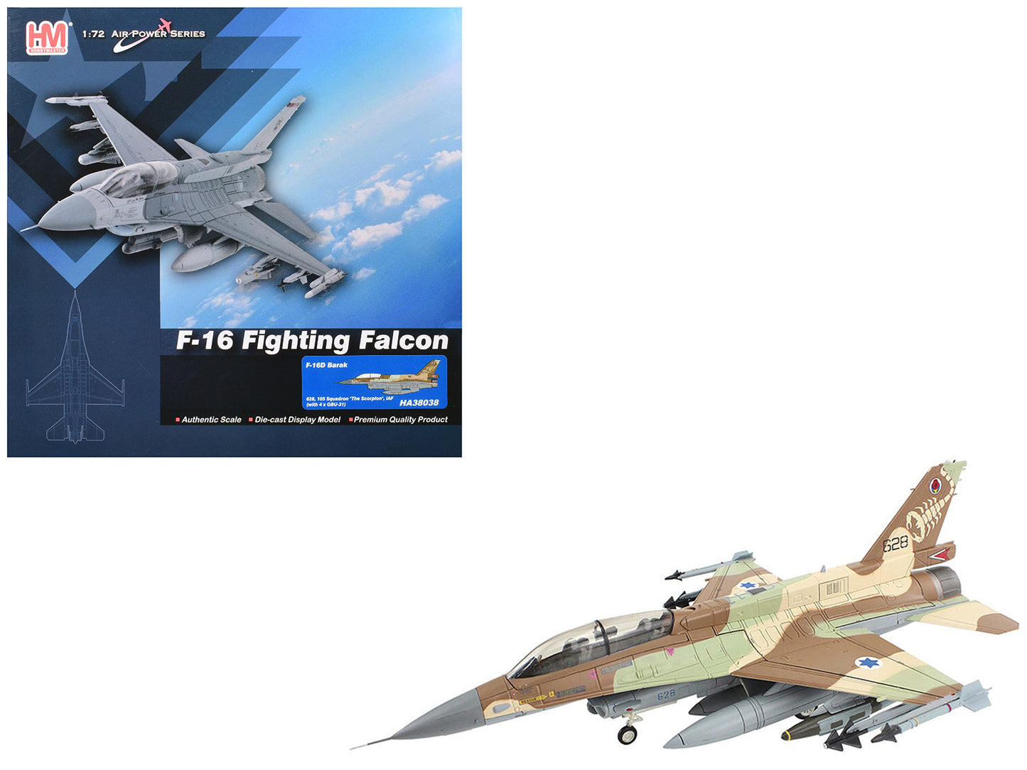 Lockheed F-16D Fighting Falcon Fighter Aircraft "628 Barak 105 Squadron The Scorpion" Israeli Air Force "Air Power Series" 1/72 Diecast Model