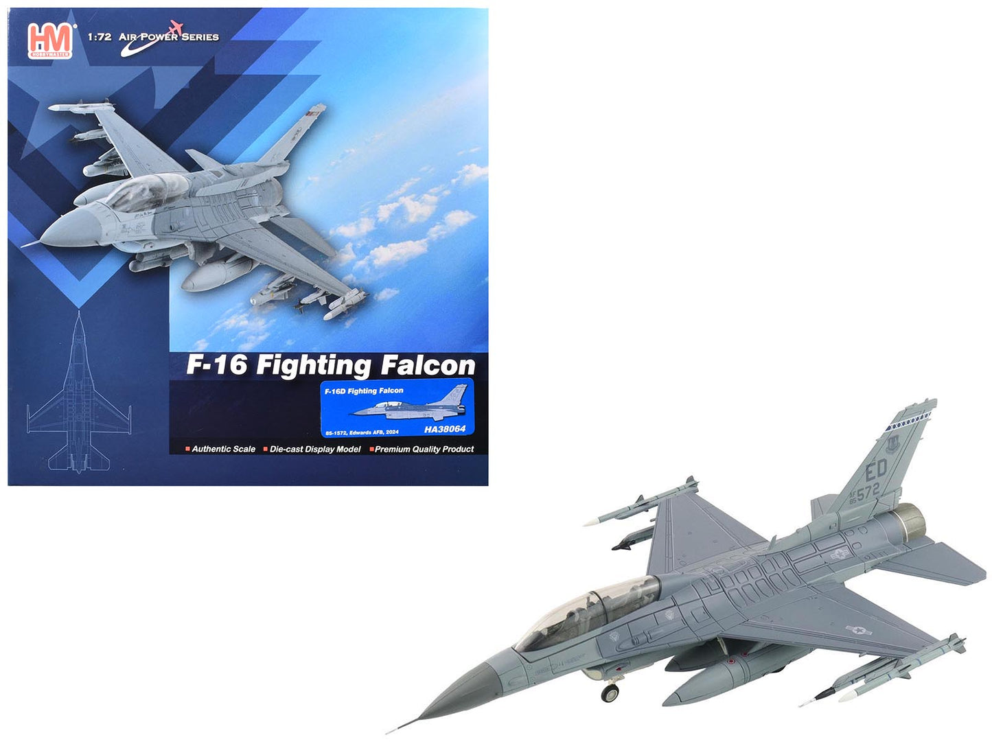 Lockheed F-16D Fighting Falcon Fighter Aircraft "85-1572 Edwards Air Force Base" (2024) United States Air Force "Air Power Series" 1/72 Diecast Model