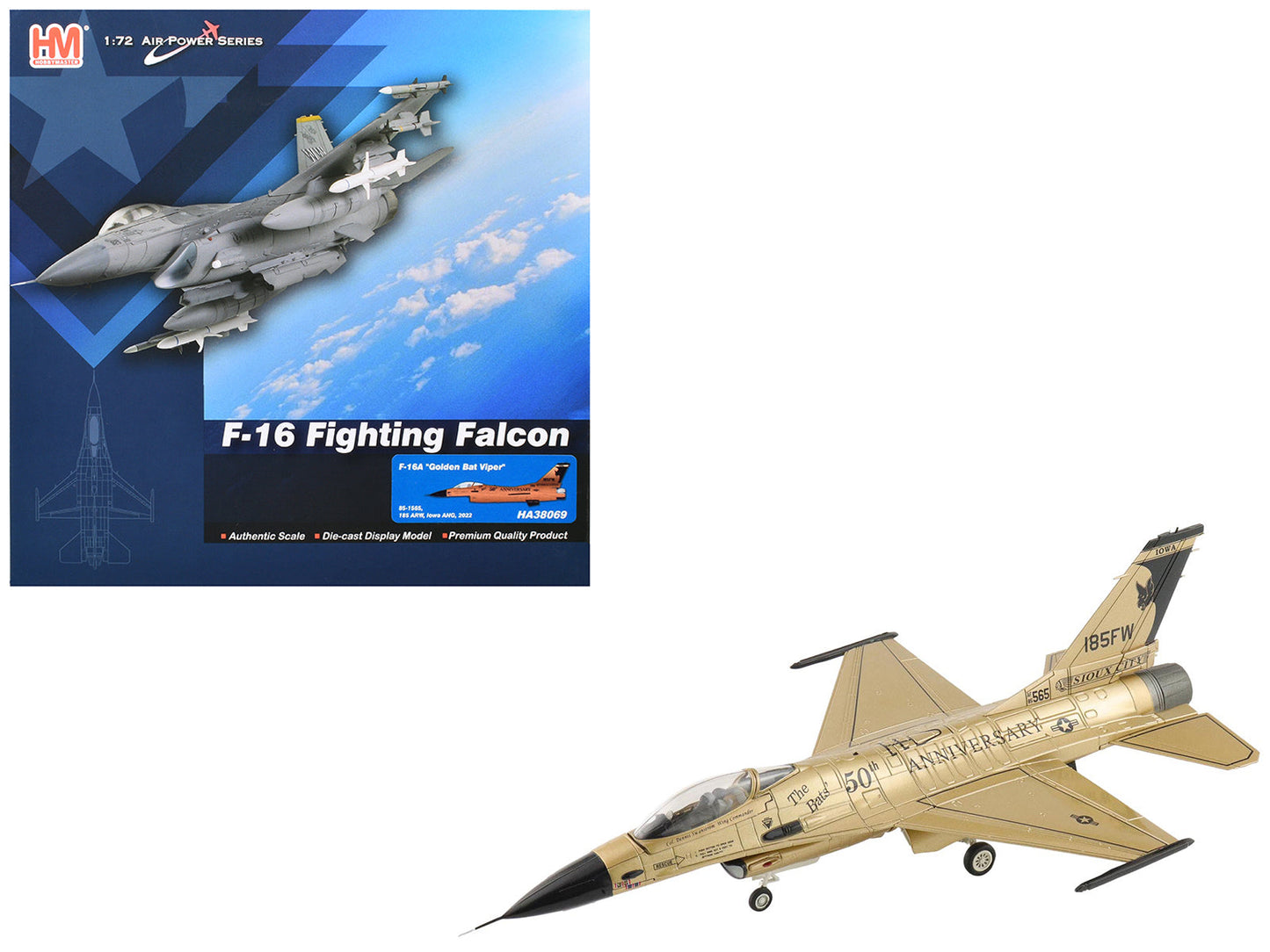 Lockheed F-16A Fighting Falcon Fighter Aircraft "85-1565 Golden Bat Viper 185 ARW Iowa ANG Squadron 50th Anniversary" (2022) United States Air Force "Air Power Series" 1/72 Diecast Model