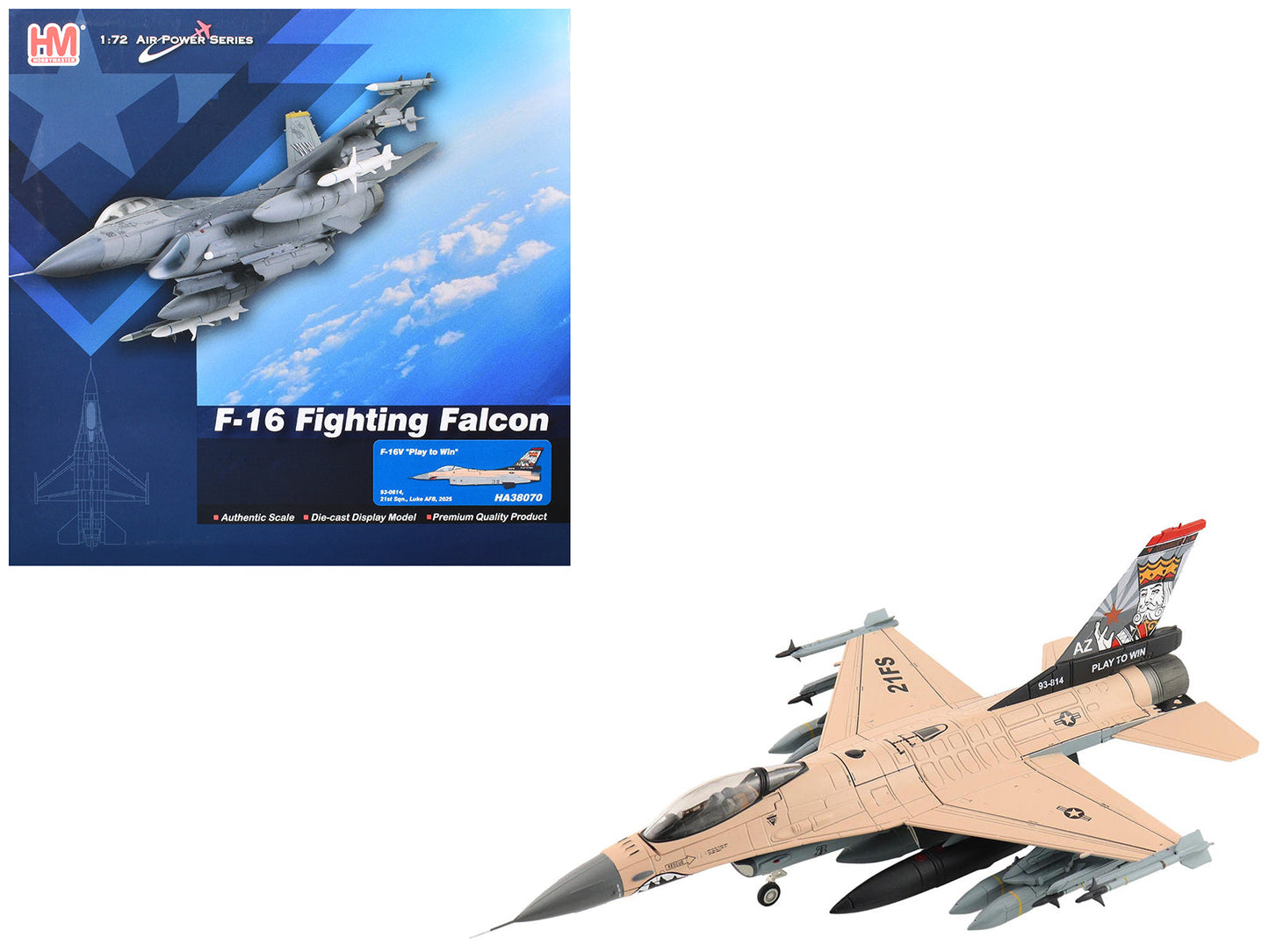 Lockheed F-16V Fighting Falcon Fighter Aircraft "93-0814 Play to Win 21st Sqn. Luke AFB" (2025) United States Air Force "Air Power Series" 1/72 Diecast Model