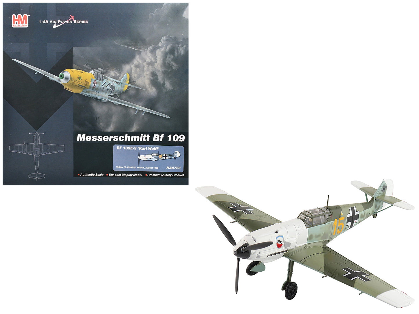Messerschmitt Bf 109E-3 Fighter Aircraft "Yellow 15 Karl Wolff III/JG 52 France" (1940) German Luftwaffe "Air Power Series" 1/48 Diecast Model