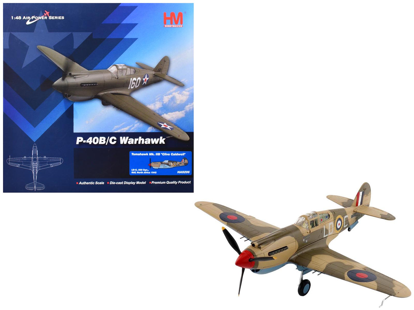 Curtiss P-40 Warhawk Tomahawk Mk IIB Aircraft "LD-C Clive Caldwell No. 250 Squadron North Africa" (1942) British Royal Air Force "Air Power Series" 1/48 Diecast Model