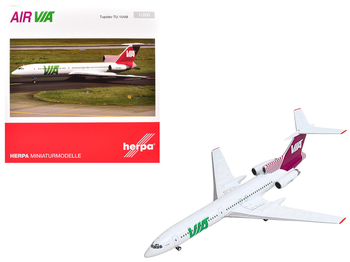 Tupolev TU-154M Commercial Aircraft "Air Via" (LZ-MIG) White with Red Tail 1/200 Diecast Model