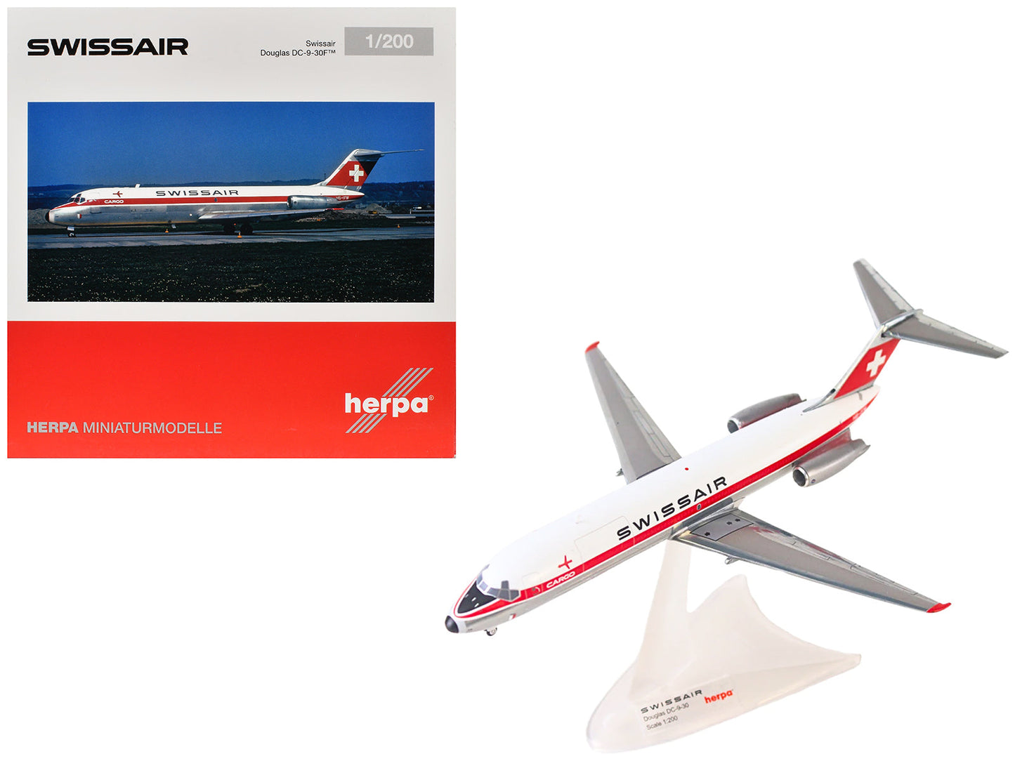 Douglas DC-9-30F Commercial Aircraft "Swissair" (HB-IFW) White with Red Stripes 1/200 Diecast Model Airplane