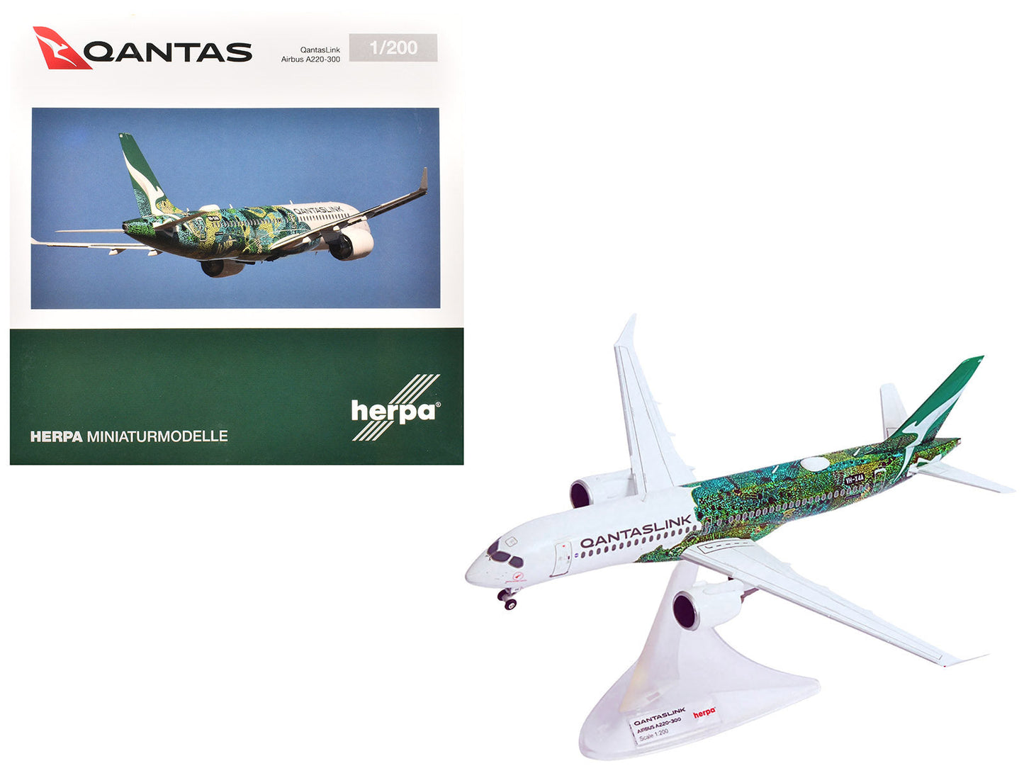 Airbus A220-300 Commercial Aircraft "QantasLink Flying Art Series - Minyma Kutjara Tjukurpa" (VH-X4A) White with Green Graphics 1/200 Diecast Model