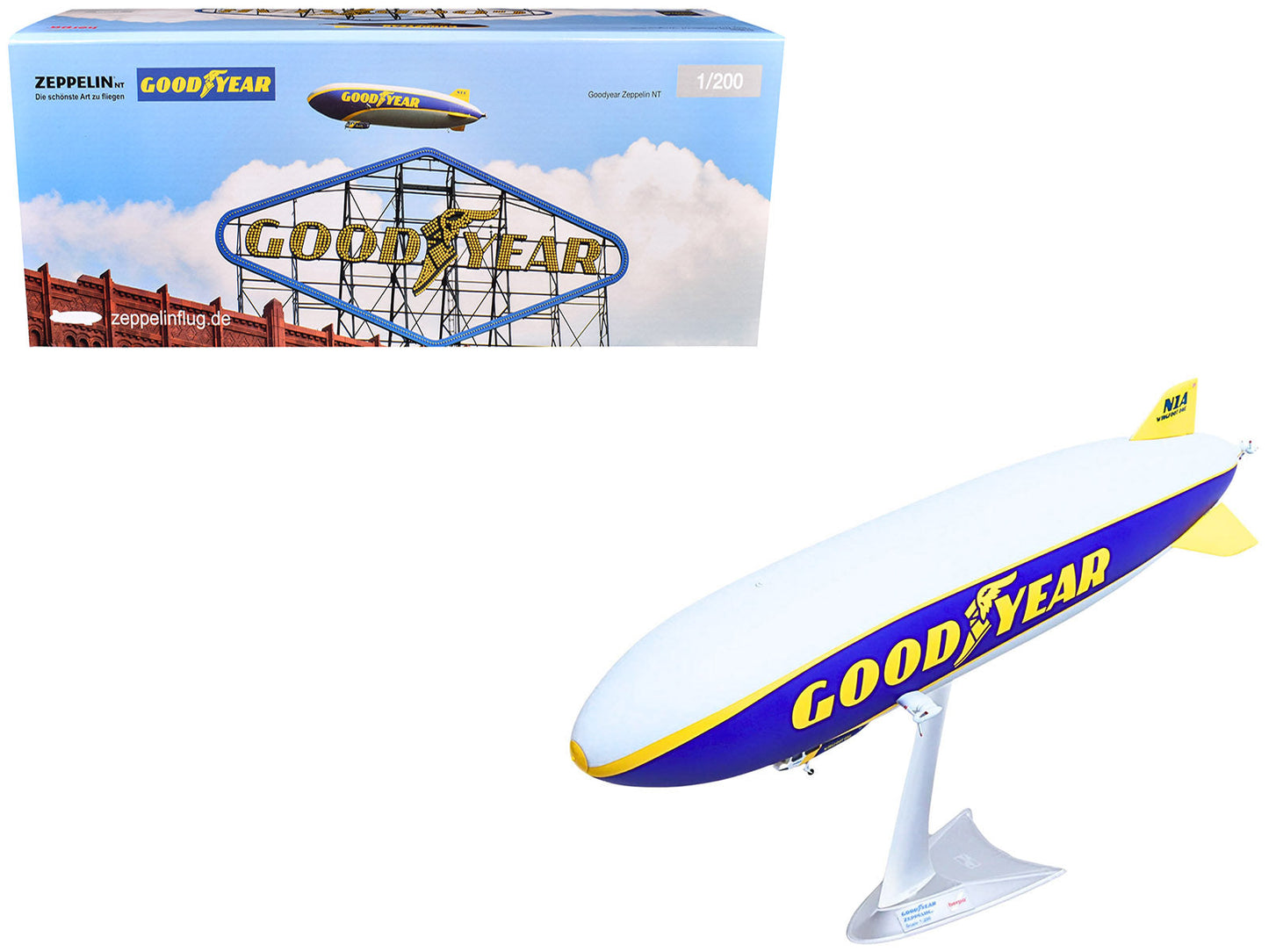 Zeppelin NT Aircraft "Goodyear Blimp - Wingfoot One" (N1A) Gray and Blue with Yellow Stripes 1/200 Diecast Model
