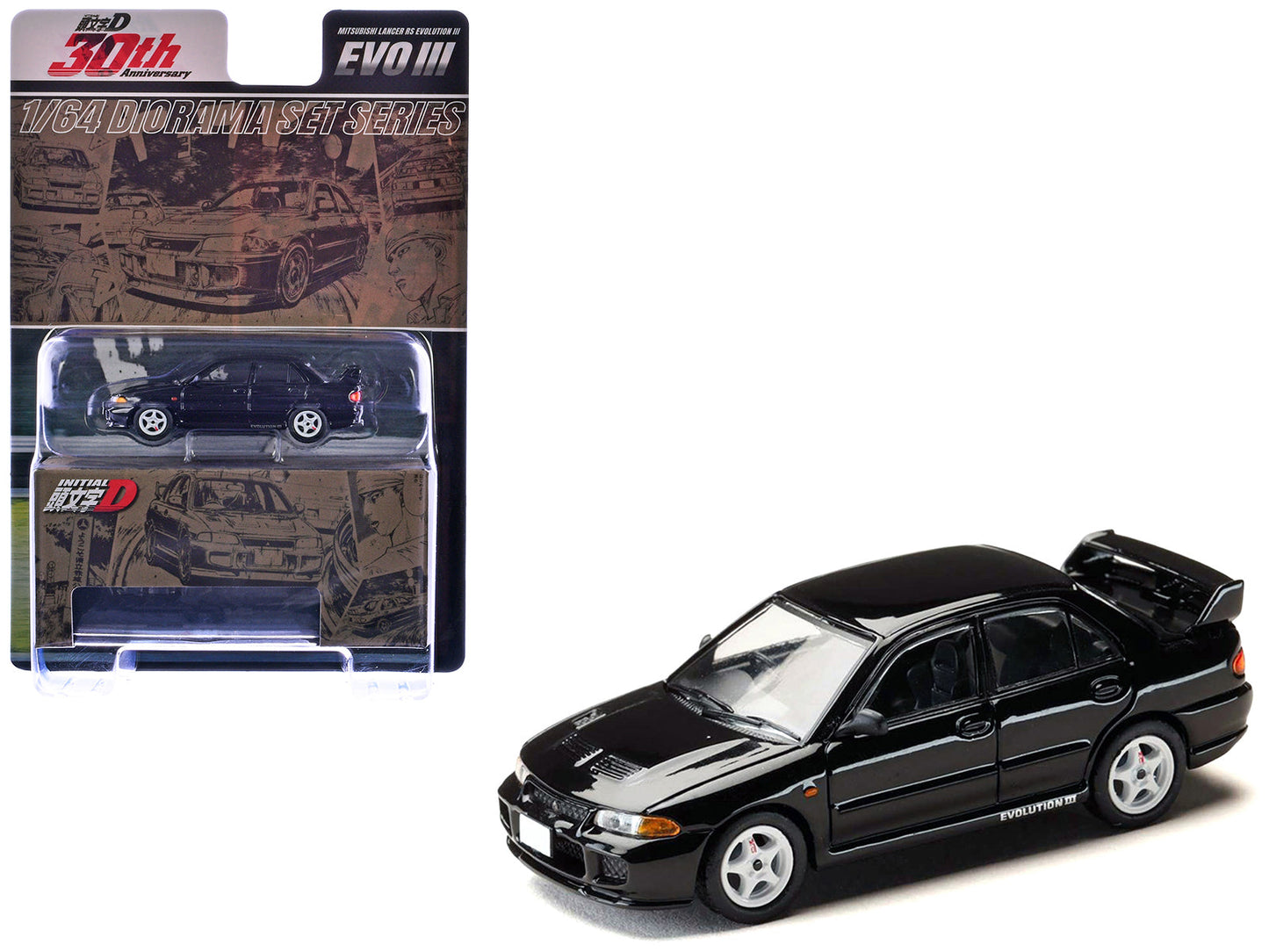 Mitsubishi Lancer RS Evolution III RHD (Right Hand Drive) Black "Initial D" (1995-2013) Manga "Diorama Set Series" 1/64 Diecast Model car