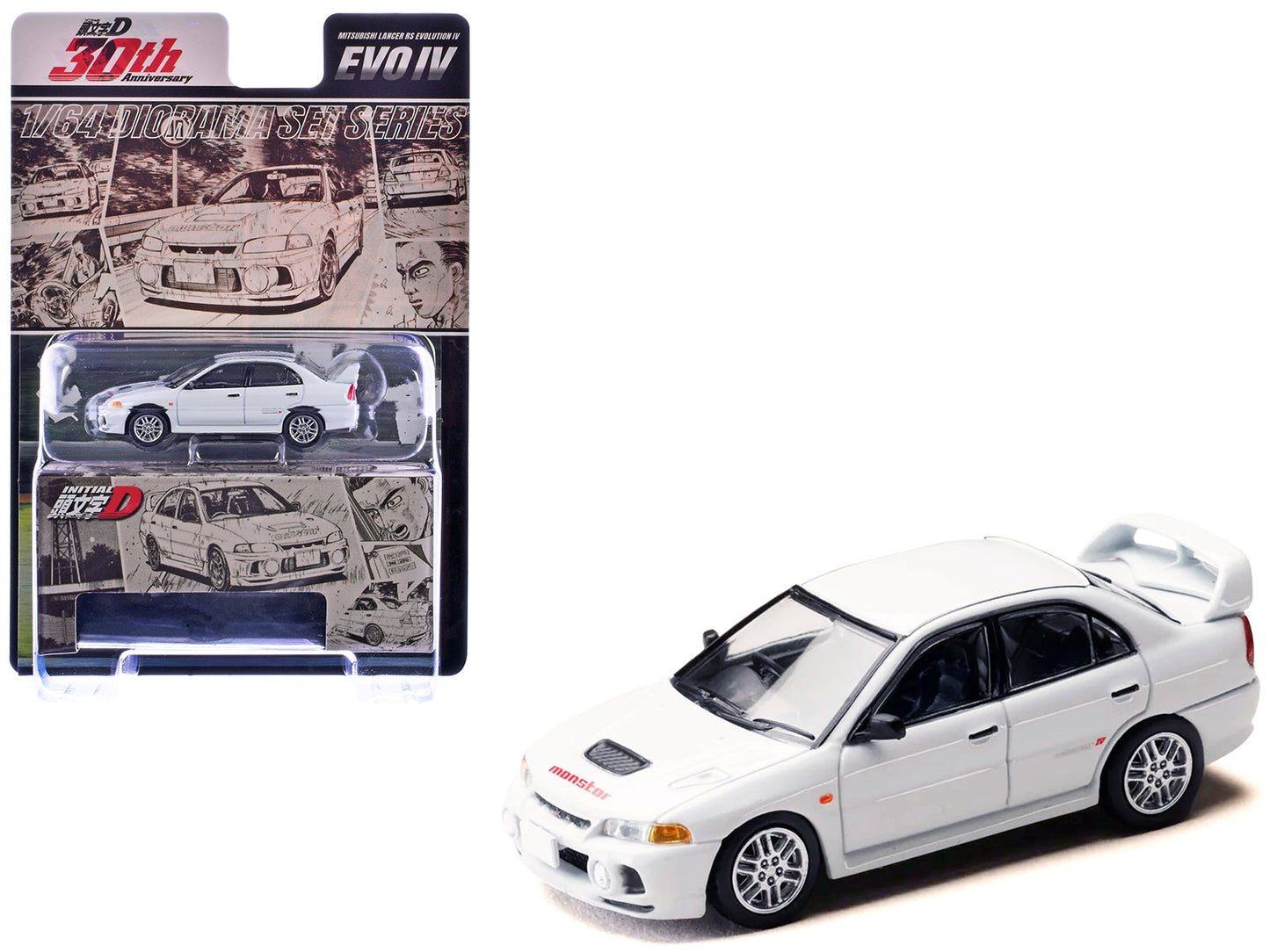 Mitsubishi Lancer RS Evolution IV RHD (Right Hand Drive) "MonStar" White "Initial D" (1995-2013) Manga "Diorama Set Series" 1/64 Diecast Model car