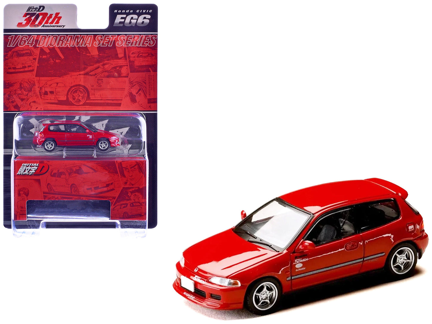 Honda Civic (EG6) RHD (Right Hand Drive) "Myogi Night Kids" Red "Initial D" (1995-2013) Manga "Diorama Set Series" 1/64 Diecast Model car
